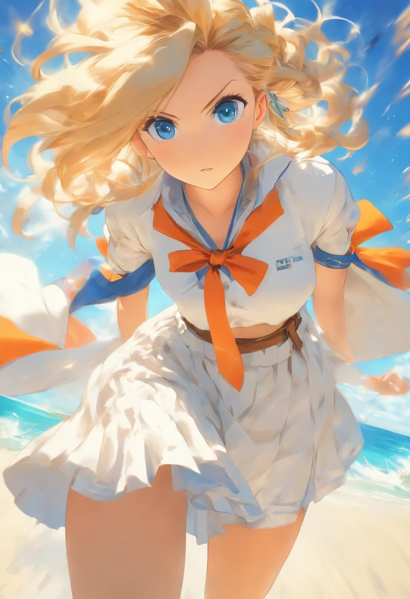 Blonde short woman,Blue, orange and white clothes,Long skirt in blue,Wattson(APEX)Women like,femele,Blue eyes,A mysterious space like a sandy beach,Brown leather shoulder bag,White blouses,