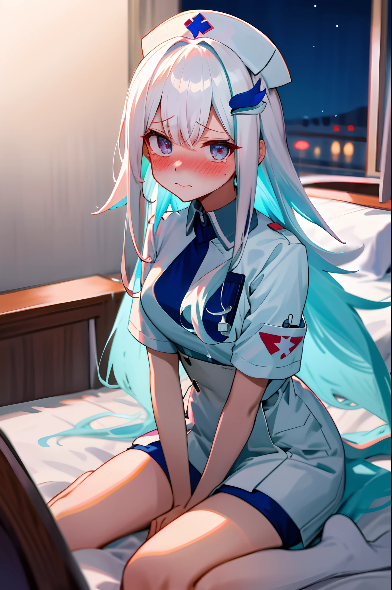One girl with long hair, white hair, looking at viewer, embarrassed, blushing, tears, indoor , nurse, white shirts, nurse hats, perfect waist, bed, sit on, spread legs, night atmosphere, hair ornament, kneeling pose
