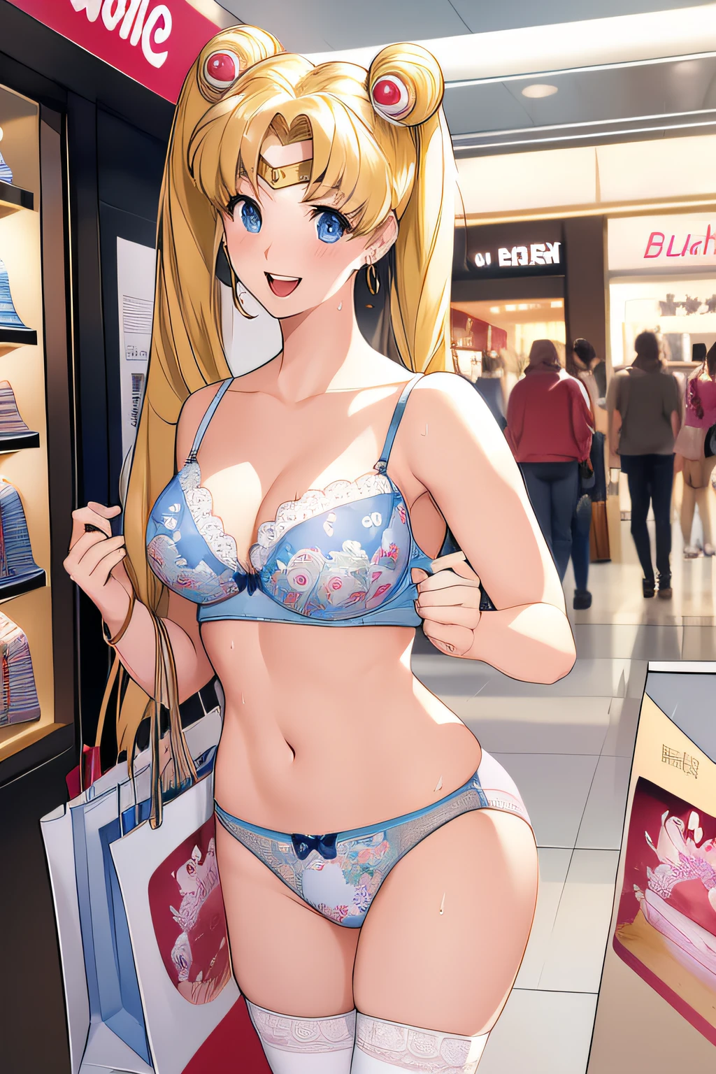 (solo, 1girl), (absurdres, ,highres, official wallpaper, poster), (masterpiece, best quality:1.2), (illustration, realistic), (perfect details, highest detailed, extreme detailed), dramatic light, Tsukino Usagi, (sailor moon, blonde hair, twintails, circlet, jewelry, crescent earrings),((print lingerie), (print bra), (print panties), white thighhighs), (shop, mall, clothes shop, business), (blush, excited, happy, smile, open mouth, shopping bag, waling, sweat), sexy body