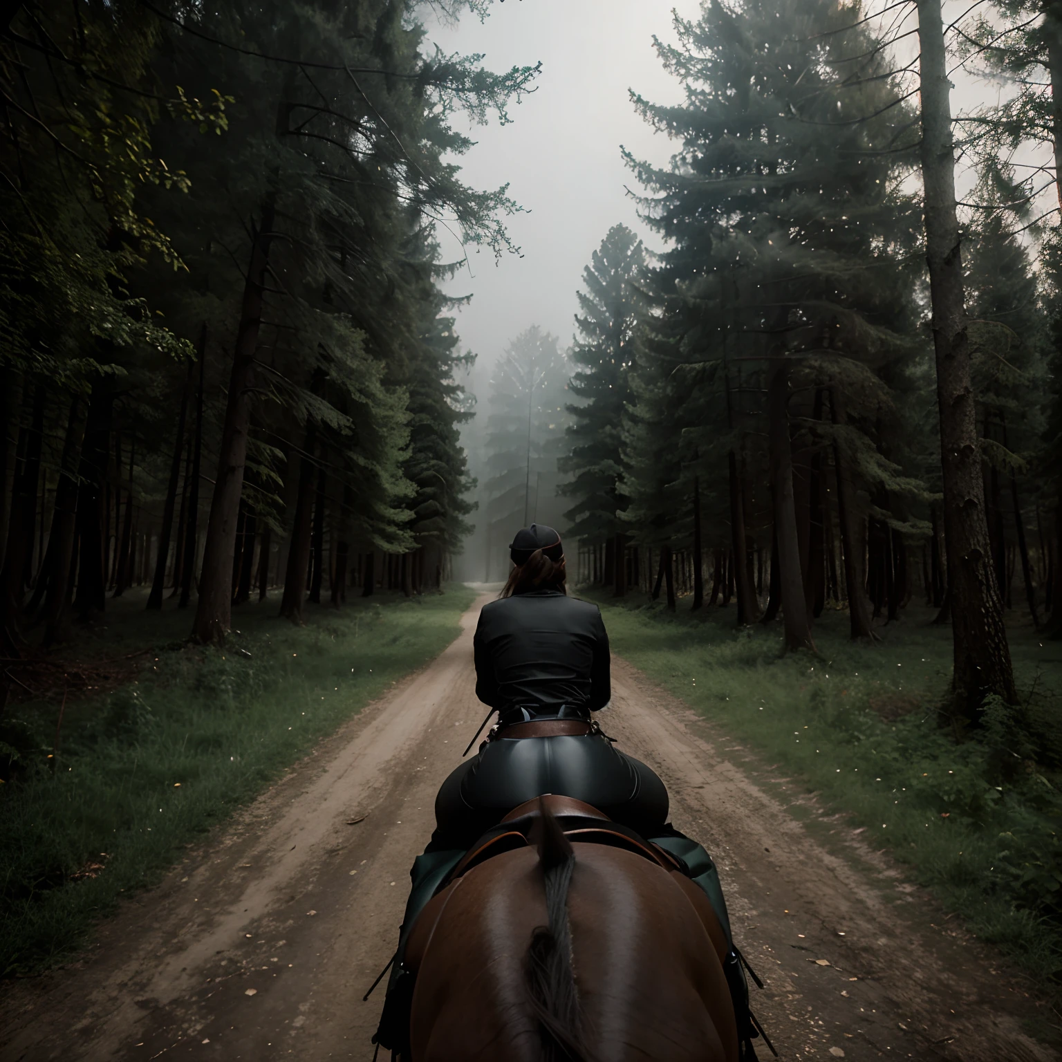 point of view: riding a black horse in the midddle of the woods. hazy vision and creepy fog nightmare feel very dark zoomed in