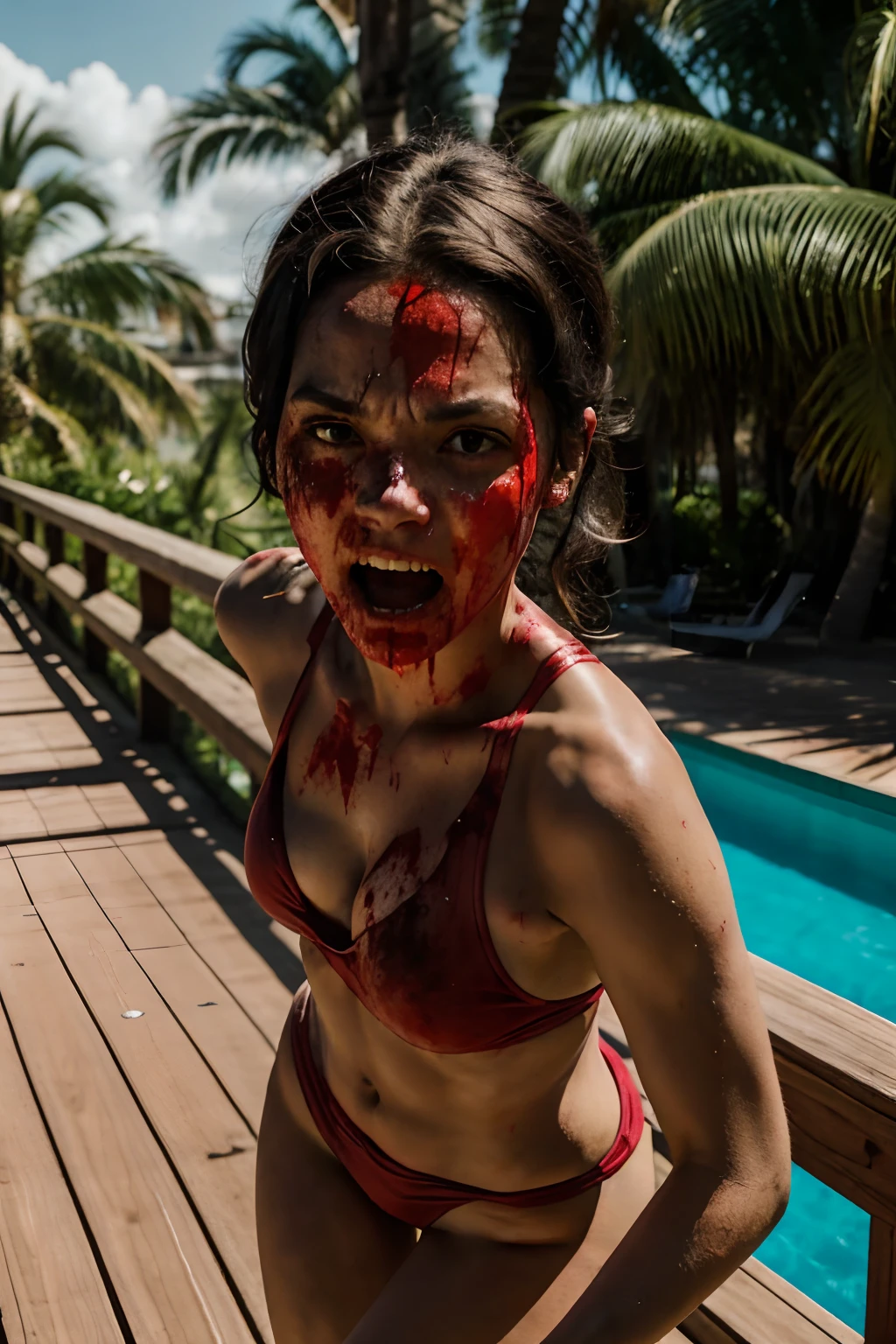 Skinny short woman in swimsuit with disheveled hair screaming and attacking, Stretching his hands towards the camera, wants to cling to me, trying to grab me, T-shirt covered in blood, A Woman Who Went Mad, Screams, aggression, Attacks, wants to kill, On the territory of the hotel on the wooden bridge by the pool, Sunny day, Palma, Crazy Woman, face covered in blood, Chest covered in blood