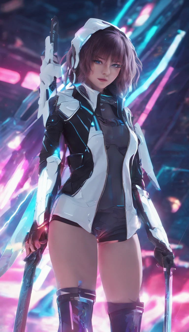 1girl, sword, holding, weapon, solo, gloves, holding_weapon, standing, holding_sword, thighhighs, black_legwear, looking_at_viewer, outdoors, long_sleeves, breasts, wide_sleeves, garter_straps, dual_wielding, coat, medium_breasts, night, black_capelet, white_jacket, blurry_background, black_shirt, black_skirt, open_coat, short_shorts, shorts, "glow effects, godrays, Hand drawn, render, 8k, octane render, cinema 4d, blender, dark, atmospheric 4k ultra detailed, cinematic, Sharp focus, big depth of field, Masterpiece, colors, 3d octane render, 4k, concept art, trending on artstation, hyperrealistic, Vivid colors, extremely detailed CG unity 8k wallpaper, trending on CGSociety, Intricate, High Detail, dramatic", anime coloring, anime screencap, sweating, steaming body, fog