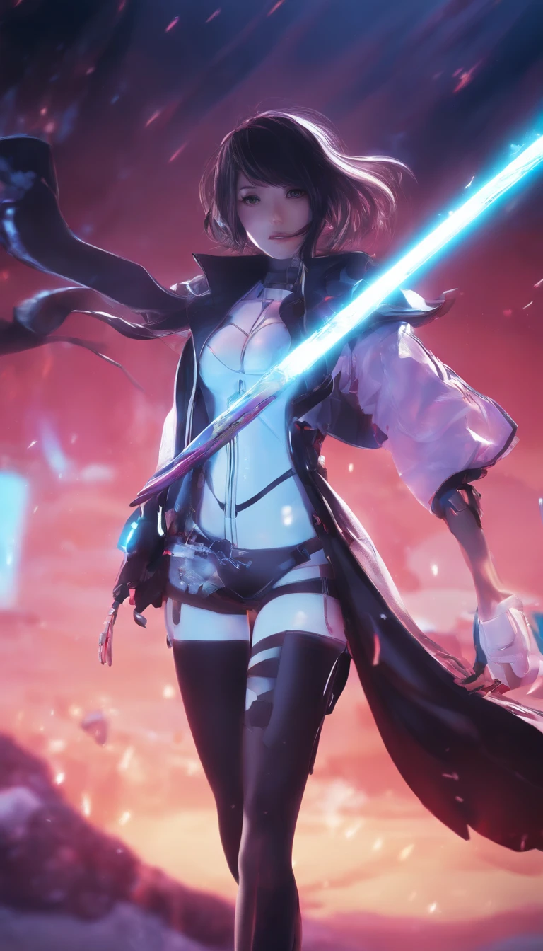 1girl, sword, holding, weapon, solo, gloves, holding_weapon, standing, holding_sword, thighhighs, black_legwear, looking_at_viewer, outdoors, long_sleeves, breasts, wide_sleeves, garter_straps, dual_wielding, coat, medium_breasts, night, black_capelet, white_jacket, blurry_background, black_shirt, black_skirt, open_coat, short_shorts, shorts, "glow effects, godrays, Hand drawn, render, 8k, octane render, cinema 4d, blender, dark, atmospheric 4k ultra detailed, cinematic, Sharp focus, big depth of field, Masterpiece, colors, 3d octane render, 4k, concept art, trending on artstation, hyperrealistic, Vivid colors, extremely detailed CG unity 8k wallpaper, trending on CGSociety, Intricate, High Detail, dramatic", anime coloring, anime screencap, sweating, steaming body, fog