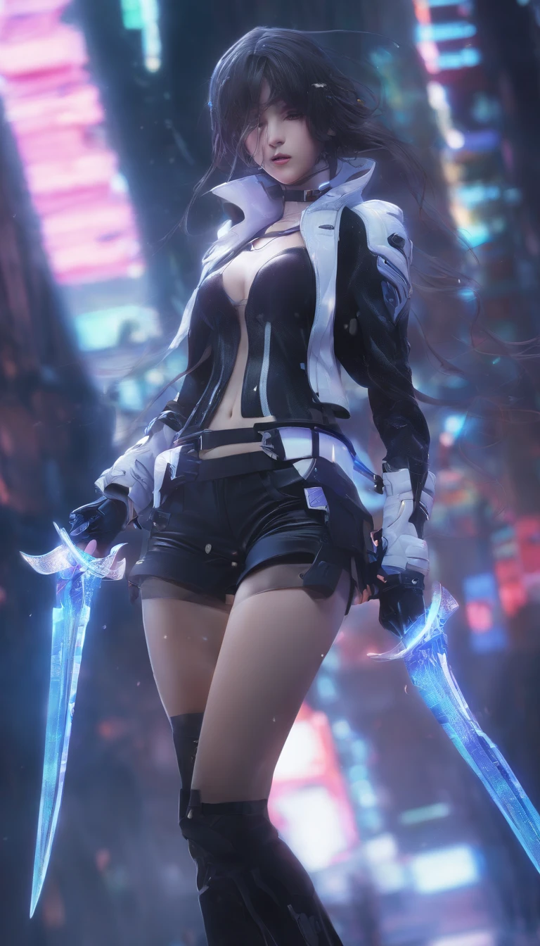 1girl, sword, holding, weapon, solo, gloves, holding_weapon, standing, holding_sword, thighhighs, black_legwear, looking_at_viewer, outdoors, long_sleeves, breasts, wide_sleeves, garter_straps, dual_wielding, coat, medium_breasts, night, black_capelet, white_jacket, blurry_background, black_shirt, black_skirt, open_coat, short_shorts, shorts, "glow effects, godrays, Hand drawn, render, 8k, octane render, cinema 4d, blender, dark, atmospheric 4k ultra detailed, cinematic, Sharp focus, big depth of field, Masterpiece, colors, 3d octane render, 4k, concept art, trending on artstation, hyperrealistic, Vivid colors, extremely detailed CG unity 8k wallpaper, trending on CGSociety, Intricate, High Detail, dramatic", anime coloring, anime screencap, sweating, steaming body, fog