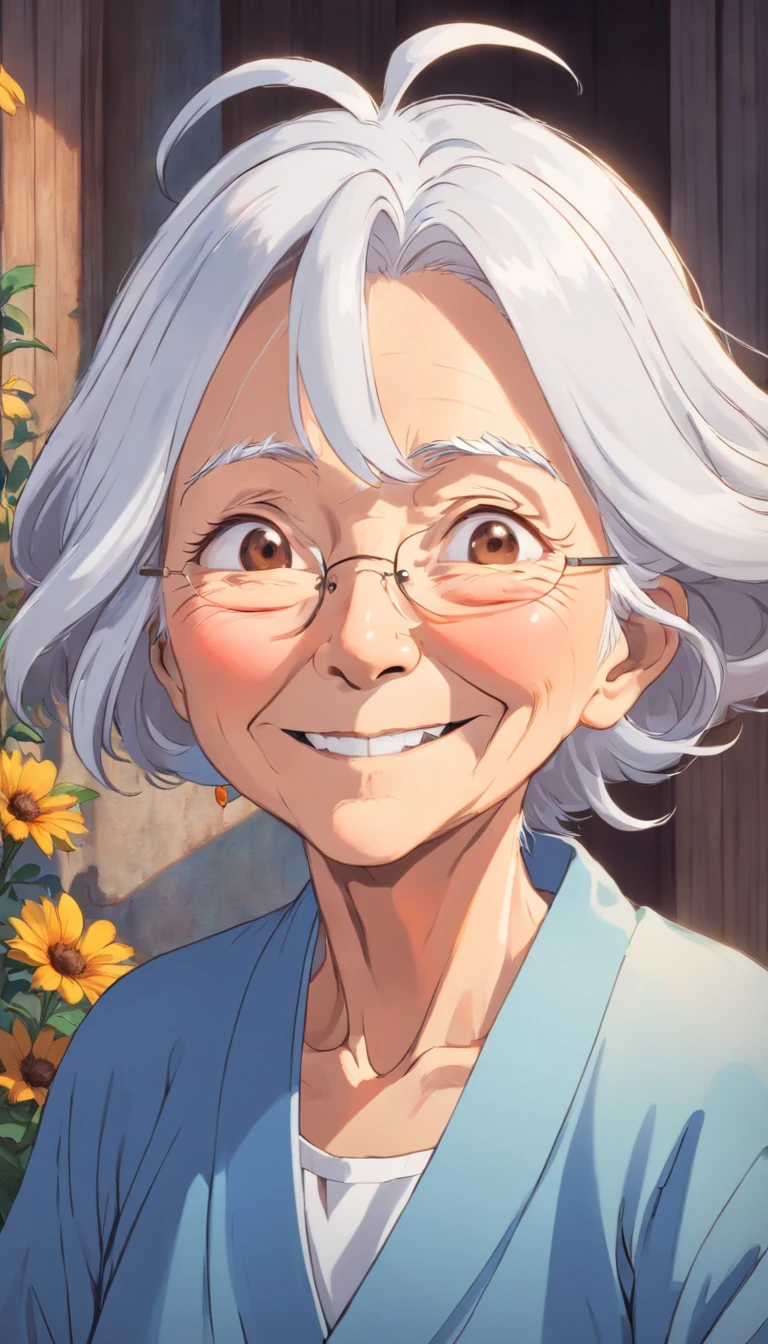Old Woman,White hair,Aunt's expression,Front view,,Smiling face