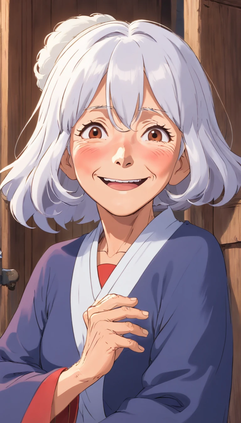 Old Woman,White hair,Aunt's expression,Front view,,Smiling face