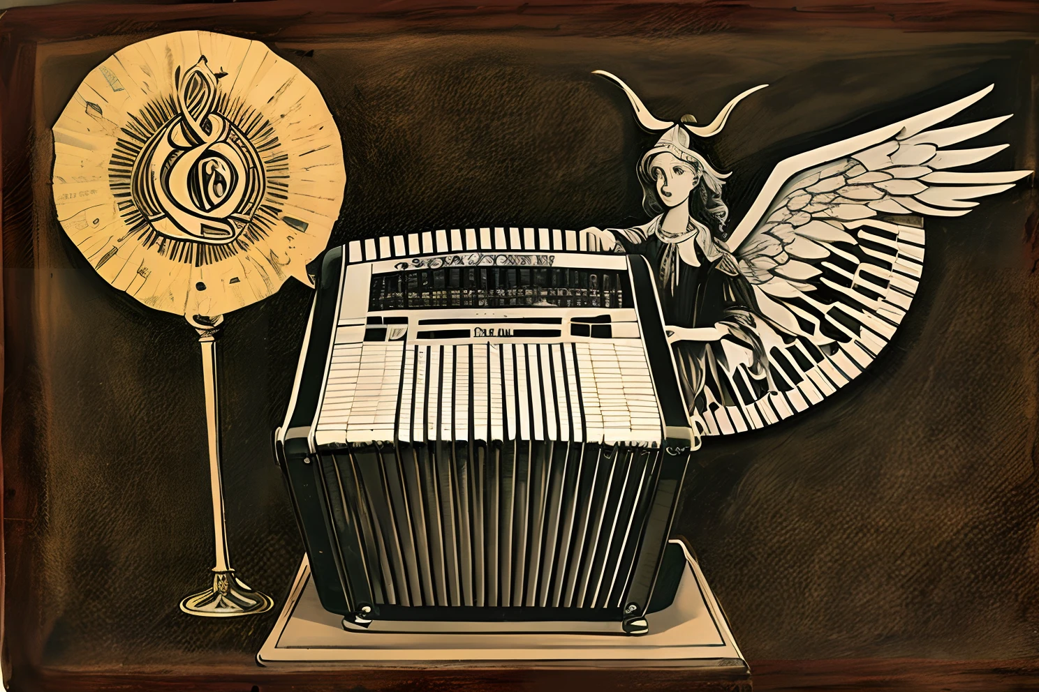 Accordion with horns, cola, The Halo of an Angel and the Symbol of Good and Evil