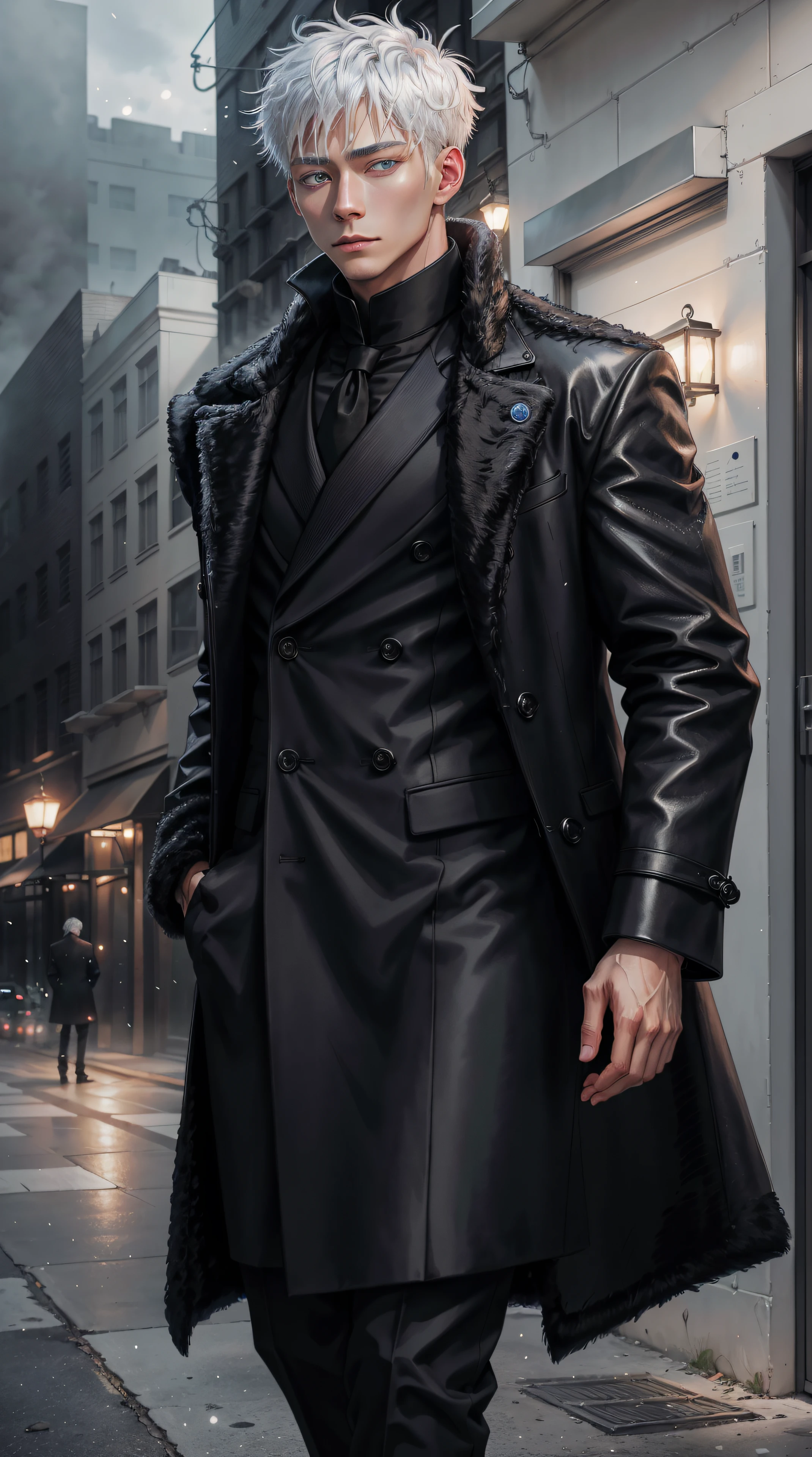 black winter male overcoat black clothing,satoru gojo,white hair,short hair,hair between eyes,blue eyes,colored eyelashses,dark formal suit, black formal outfit, black coat, walking straight,(photorealistic:1.4), (masterpiece, sidelighting, finely detailed beautiful eyes: 1.2),black gloves, full body shot,