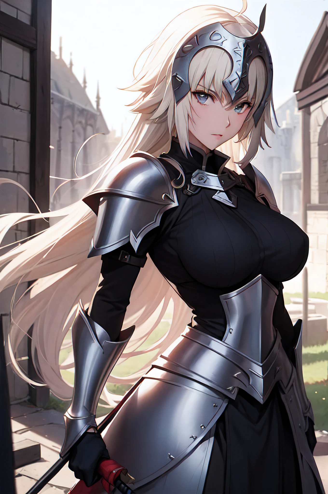 (masterpiece, best quality:1.3), create a visual tribute to Jeanne D'Arc from Fate/Apocrypha anime. Meticulously detail her eyes and body, capturing every nuance of her beauty:1.2). Place her in a battlefield setting, the background portraying the intensity of her character and the struggles she faces:1.2). Ensure each detail exalts the beauty of Jeanne, from the way her armor shines to the expression in her eyes:1.2). The emphasis should be on showcasing the magnificence of her character with the utmost visual quality:1.3).