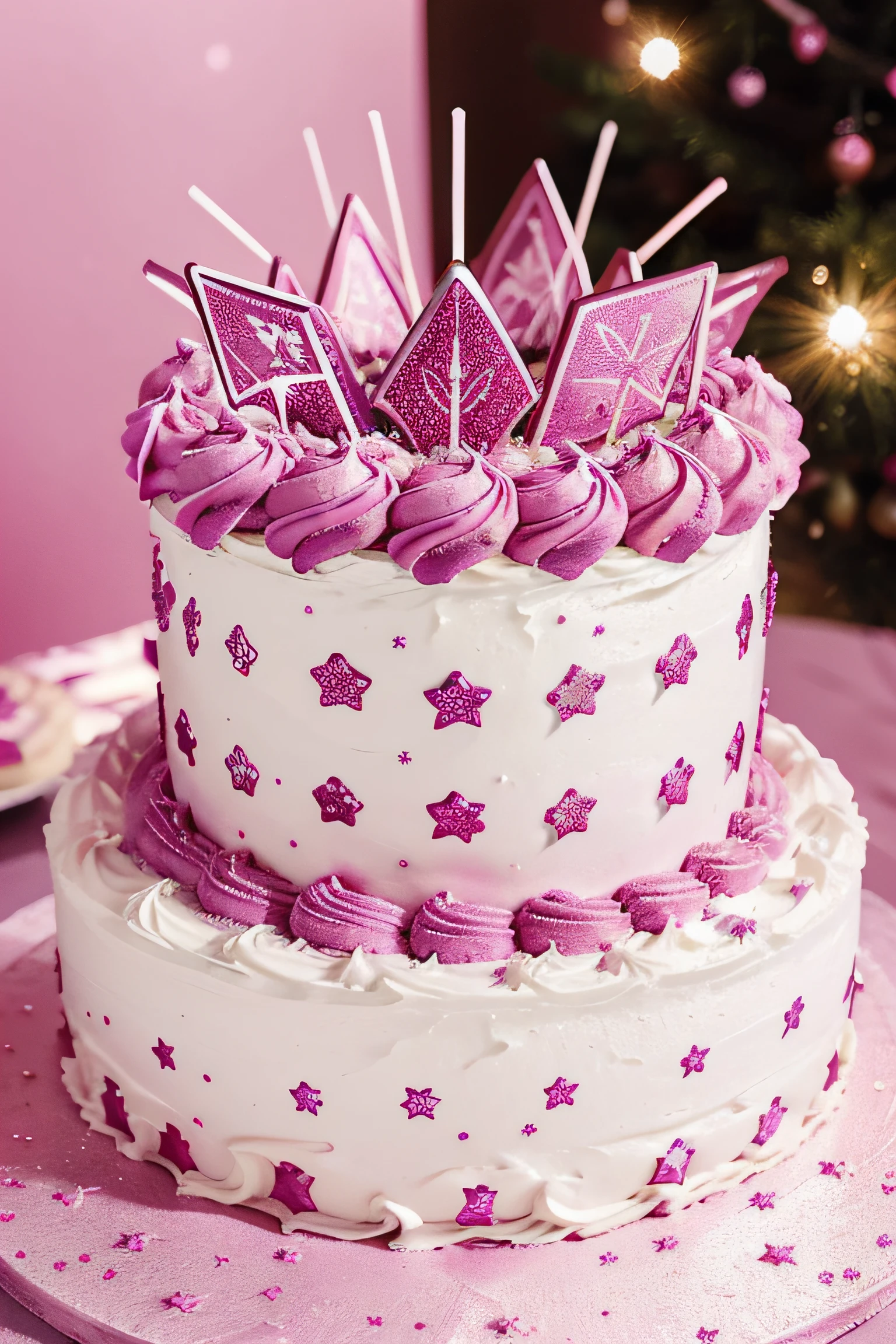 Crie uma imagem de um bolo de camadas com cobertura magenta suave e brilhante. The cake is decorated with magenta sugar stars that spread elegantly over its entire surface. The image conveys a sense of festivities and enchantment, Evoking the magic of the stars and the sweetness of a special moment.