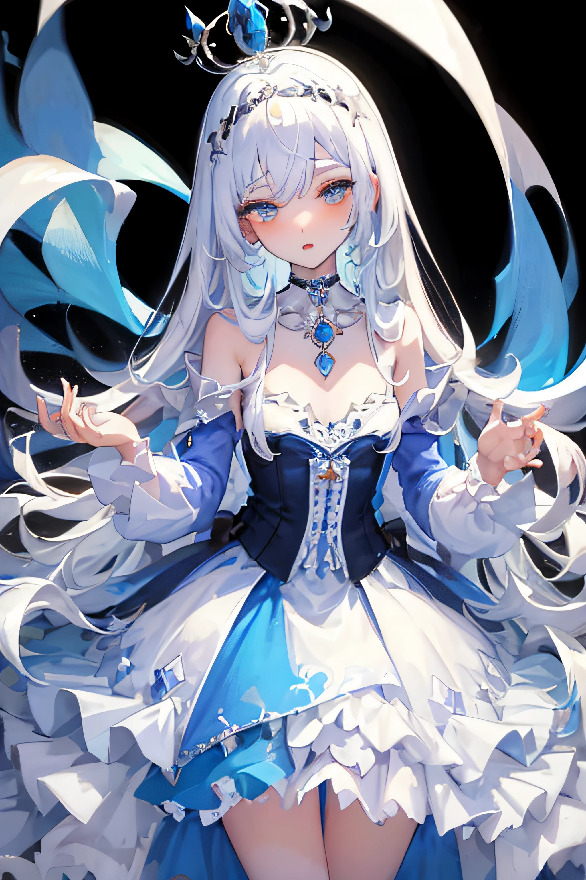 （tmasterpiece，best qualtiy：1.4），detailedbackground，White crystal，Crystal clusters，long whitr hair，jewely，耳Nipple Ring，choker necklace，tiara crown，the bride，whaite hair，The halo，alice in the wonderland，Blue Lolita dress，White apron