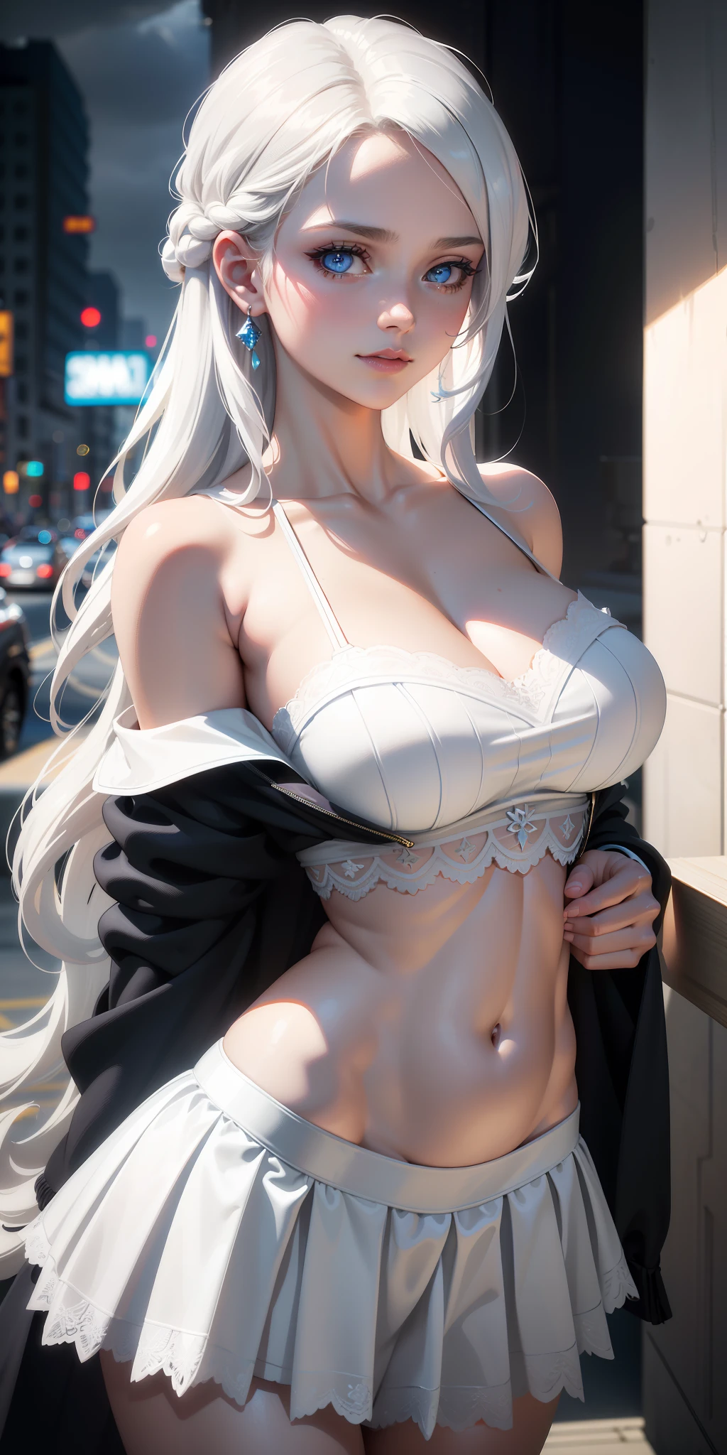 medium and round breasts ((sexy 20 year old girl)) white hair, voluminous wavy hair, blue eyes, light effect on the eyes, detailed iris, extremely sexy body, Solid Off Shoulder Cropped Top, modern sensual skirt with lace details, sensual cleavage ((masterpiece, hyper detailed, hyper realistic, 16k, cinematic lighting)), perfect and detailed lips, small smile, innocent and sexy face, woman of incomparable beauty, in front of the cafeteria, cloudy day, she is distracted