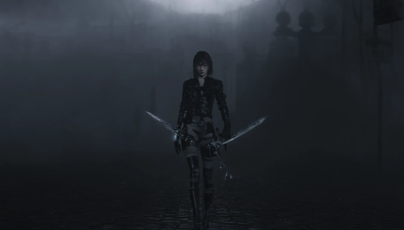 1girl, sword, holding, weapon, solo, gloves, holding_weapon, standing, holding_sword, thighhighs, black_legwear, looking_at_viewer, outdoors, long_sleeves, breasts, wide_sleeves, garter_straps, dual_wielding, coat, medium_breasts, night, black_capelet, white_jacket, blurry_background, black_shirt, black_skirt, open_coat, short_shorts, shorts, "glow effects, godrays, Hand drawn, render, 8k, octane render, cinema 4d, blender, dark, atmospheric 4k ultra detailed, cinematic, Sharp focus, big depth of field, Masterpiece, colors, 3d octane render, 4k, concept art, trending on artstation, hyperrealistic, Vivid colors, extremely detailed CG unity 8k wallpaper, trending on CGSociety, Intricate, High Detail, dramatic", anime coloring, anime screencap, sweating, steaming body, fog