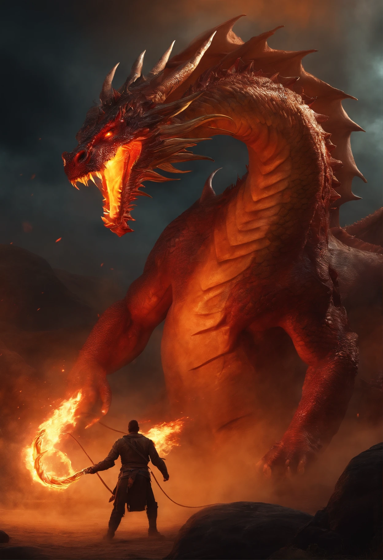 Giant with the head of a dragon dragging a chain of fire