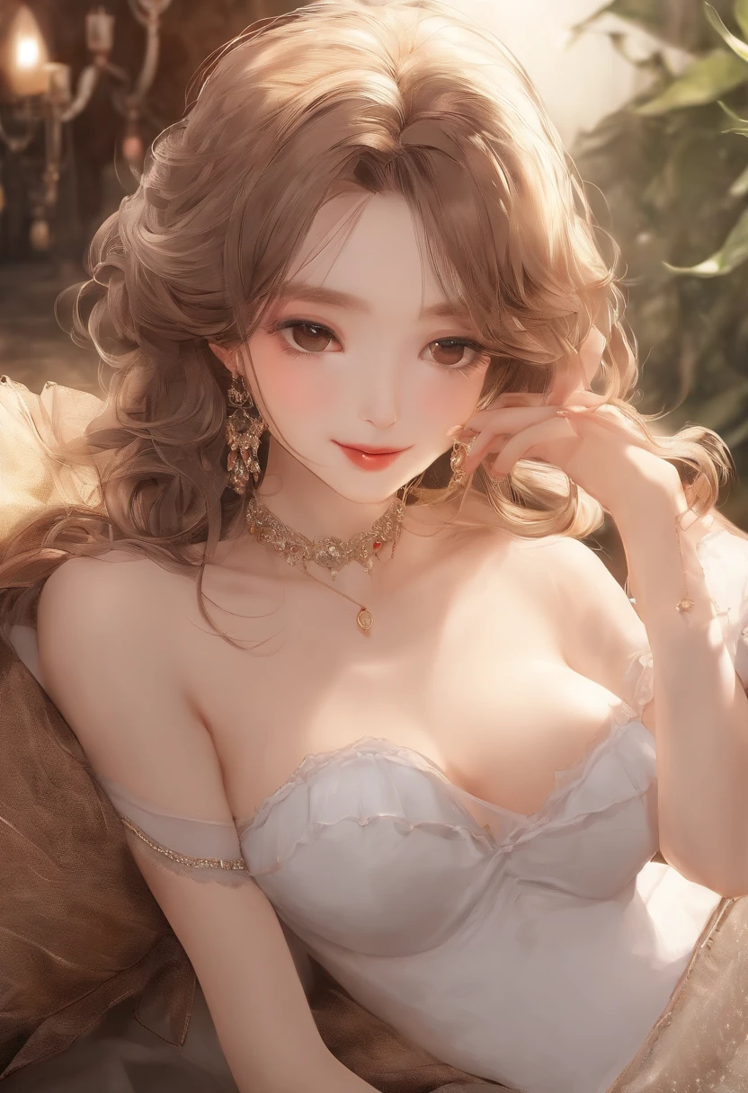 ((top-quality、8K、masterpiece:1.3))、voluptuous woman、1girl in、(Slender figure:1.2)、dark brown hair、hyperdetailed face、Detailed lips、A detailed eye、二重まぶた、(huge-breasted:1.2)、Random T-shirt、Random attire、random place、Specific women、Plain clothe、Dressing、NOWAI、ssmile、