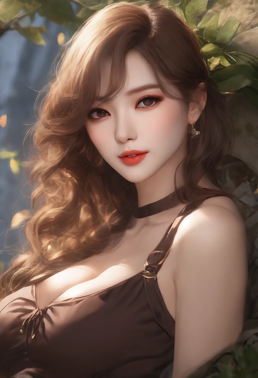 ((top-quality、8K、​masterpiece:1.3))、voluptuous woman、1girl in、(Slender figure:1.2)、dark brown  hair、hyperdetailed face、Detailed lips、A detailed eye、二重まぶた、(huge-breasted:1.2)、Random T-shirt、Random attire、random place、Specific women、Plain clothe、Dressing、NOWAI、ssmile、