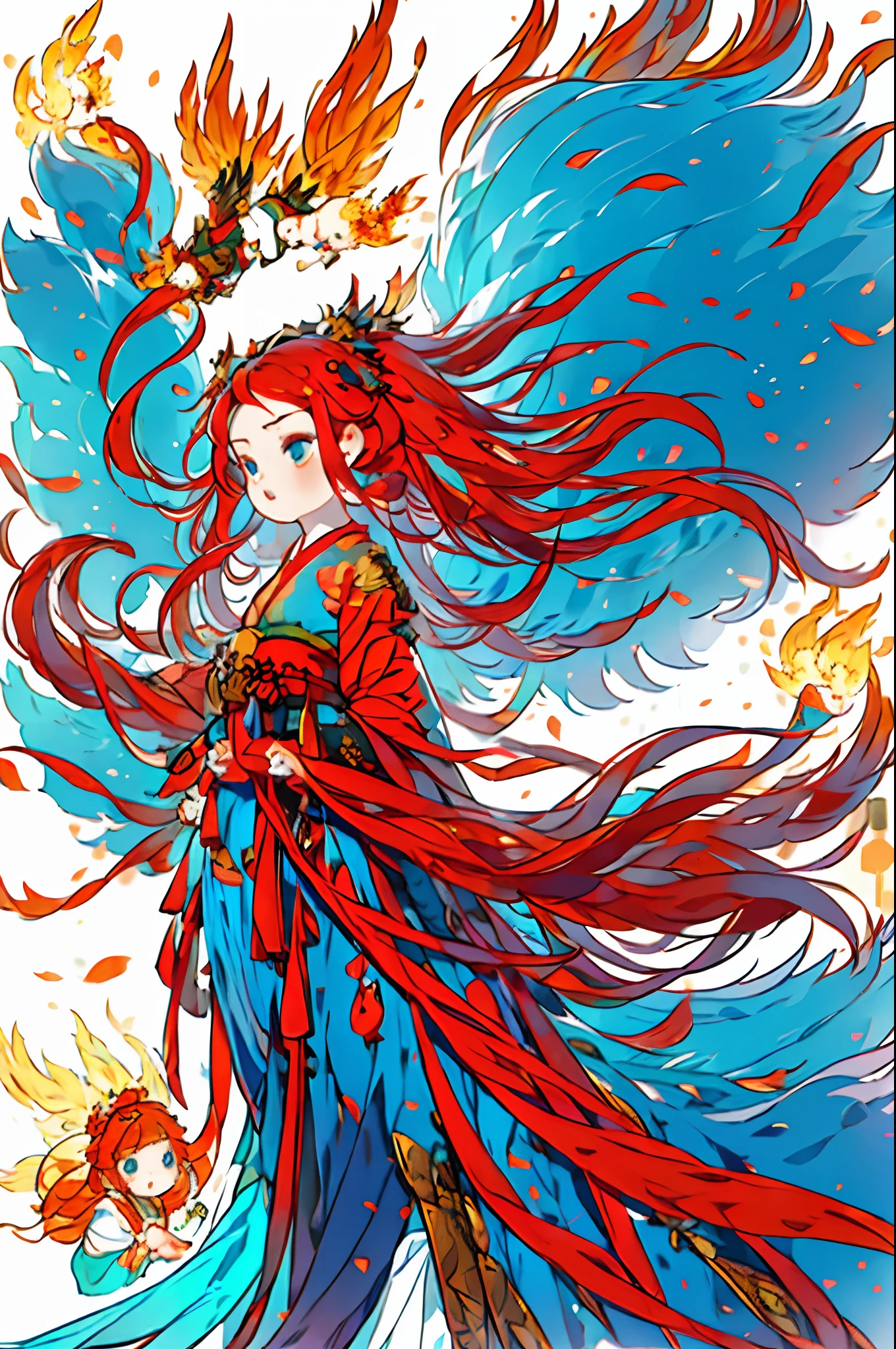 1girl, ((Sticker: 1.5))), ((Chibi character)), (white background), Fluffy, Girl, Kimono, ((phoenix wings)), ((Chibi Chara)), Full Body, Fire Hair, Phoenix, Fantastic, Fire, T-shirt Design, Best Masterpiece, Best Quality, 16k, Surprised Face, ((hands hidden))