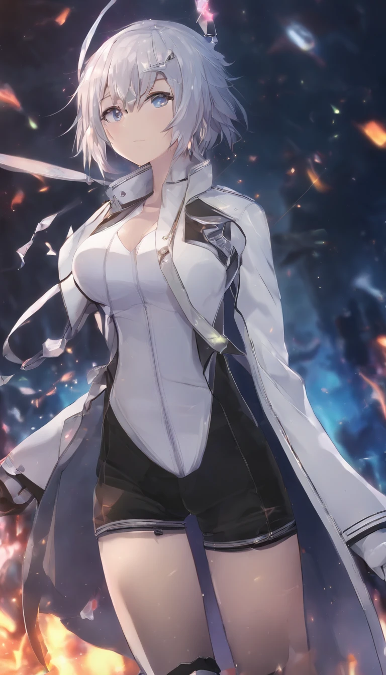 1girl, sword, holding, weapon, solo, gloves, holding_weapon, standing, holding_sword, thighhighs, black_legwear, looking_at_viewer, outdoors, long_sleeves, breasts, wide_sleeves, garter_straps, dual_wielding, coat, medium_breasts, night, black_capelet, white_jacket, blurry_background, black_shirt, black_skirt, open_coat, short_shorts, shorts, "glow effects, godrays, Hand drawn, render, 8k, octane render, cinema 4d, blender, dark, atmospheric 4k ultra detailed, cinematic, Sharp focus, big depth of field, Masterpiece, colors, 3d octane render, 4k, concept art, trending on artstation, hyperrealistic, Vivid colors, extremely detailed CG unity 8k wallpaper, trending on CGSociety, Intricate, High Detail, dramatic", anime coloring, anime screencap, sweating, steaming body, fog