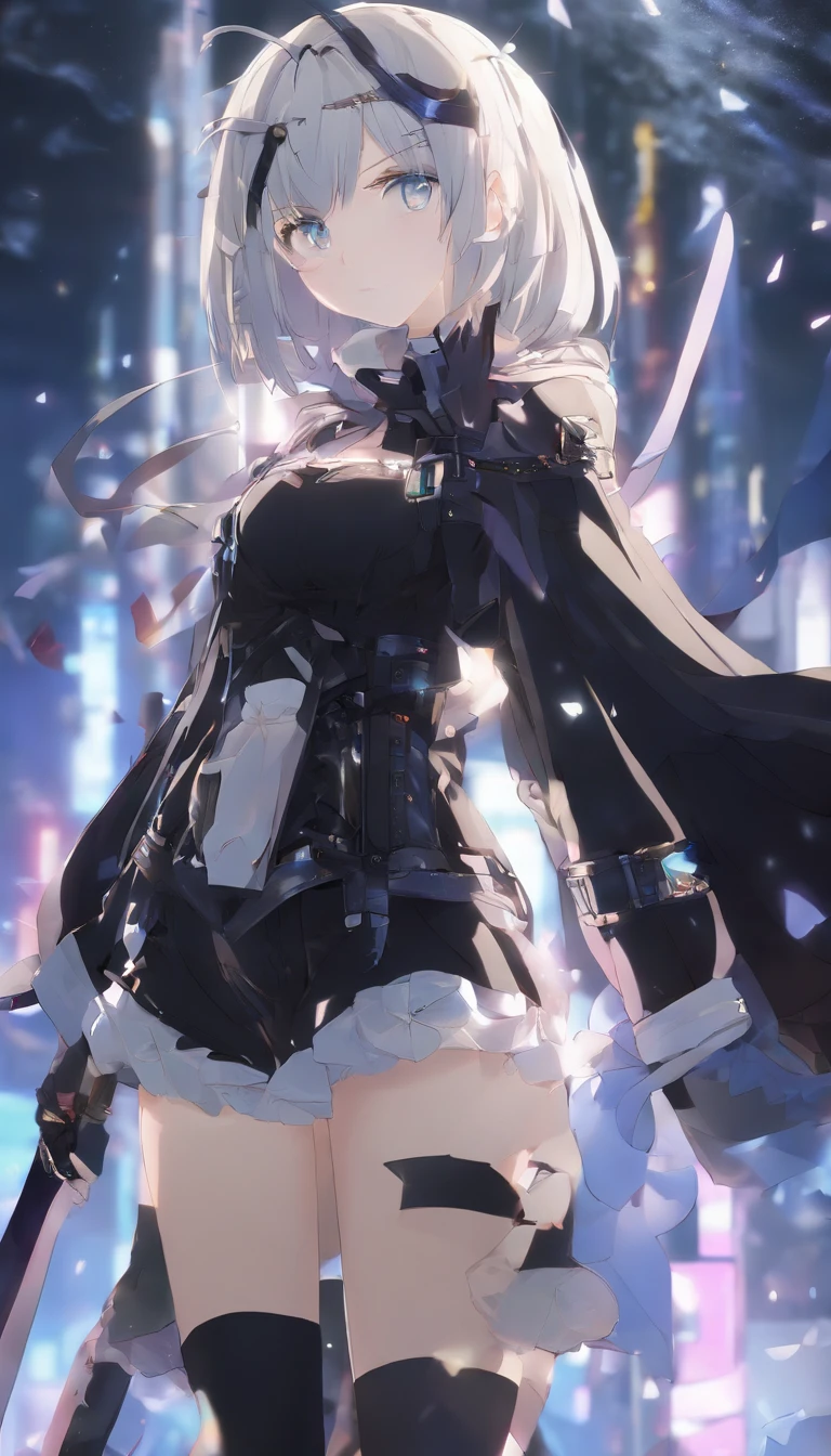 1girl, sword, holding, weapon, solo, gloves, holding_weapon, standing, holding_sword, thighhighs, black_legwear, looking_at_viewer, outdoors, long_sleeves, breasts, wide_sleeves, garter_straps, dual_wielding, coat, medium_breasts, night, black_capelet, white_jacket, blurry_background, black_shirt, black_skirt, open_coat, short_shorts, shorts, "glow effects, godrays, Hand drawn, render, 8k, octane render, cinema 4d, blender, dark, atmospheric 4k ultra detailed, cinematic, Sharp focus, big depth of field, Masterpiece, colors, 3d octane render, 4k, concept art, trending on artstation, hyperrealistic, Vivid colors, extremely detailed CG unity 8k wallpaper, trending on CGSociety, Intricate, High Detail, dramatic", anime coloring, anime screencap, sweating, steaming body, fog