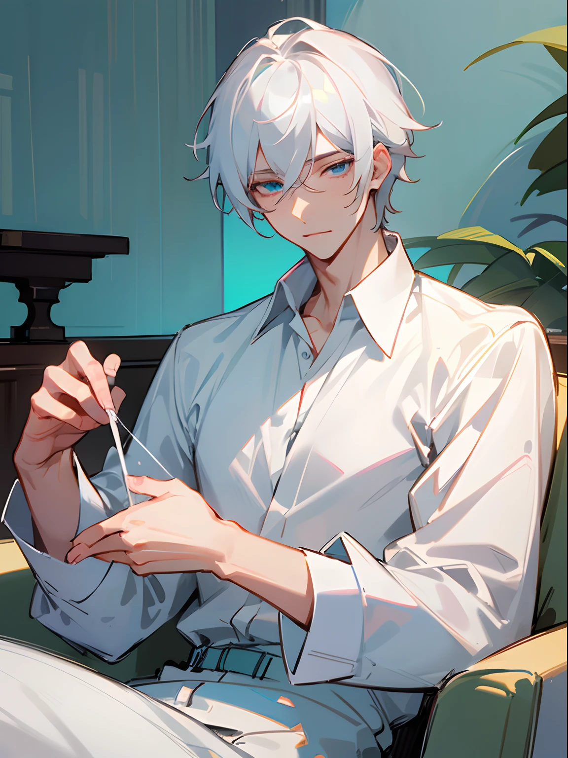 Ultra Detail,Haig Quality,sketch,1boy,matured male,Beautiful face,White hair,Handsome men,Pearl skin,White shirt,Turquoise eyes,Like a cat's eye,male in his 20s,Relax at home