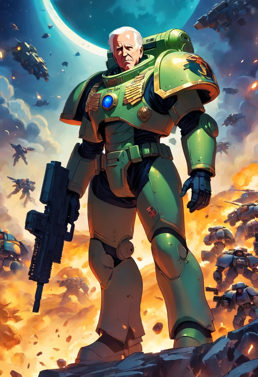 Joe biden as a 40k space marine,warhammer 40k era,high quality,blurred background,standing on a mountain of skulls