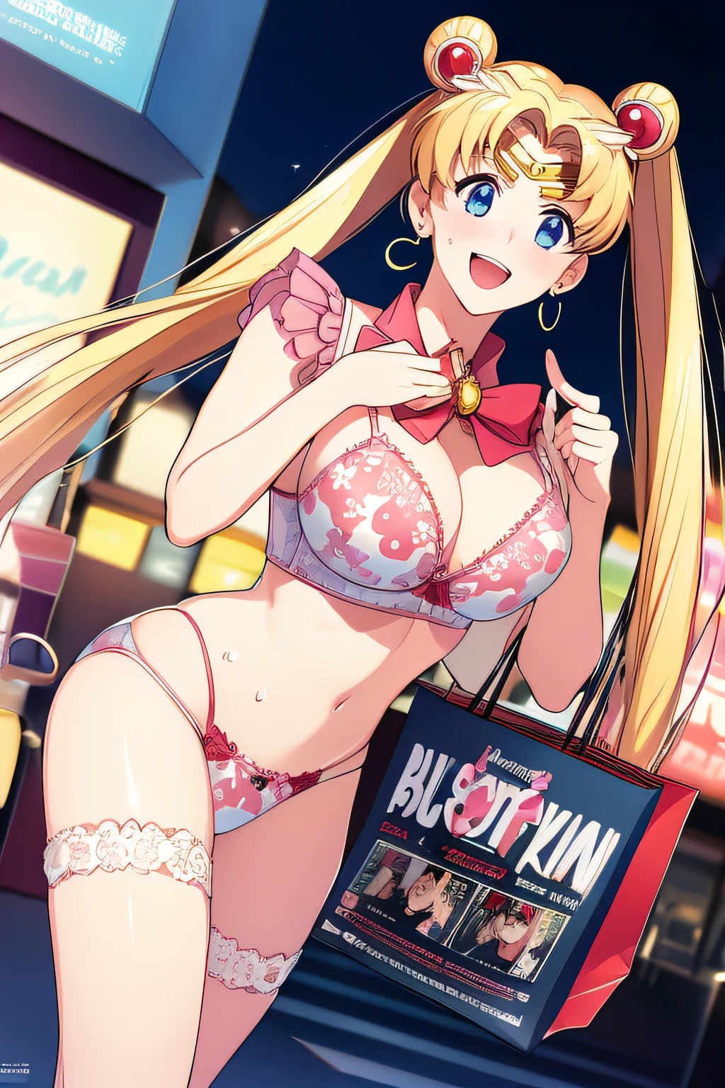 (solo, 1girl), (absurdres, ,highres, official wallpaper, poster), (masterpiece, best quality:1.2), (illustration, realistic), (perfect details, highest detailed, extreme detailed), dramatic light, Tsukino Usagi, (sailor moon, blonde hair, twintails, circlet, jewelry, crescent earrings),((print lingerie), (print bra), (print panties), white thighhighs), (shop, mall, clothes shop, business), (blush, excited, happy, smile, open mouth, shopping bag, waling, sweat), large breasts, blush