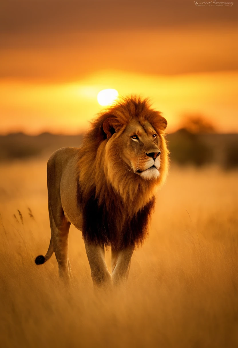 "Realistic photograph of a majestic lion (({with a thick, golden mane})), standing in a savannah grassland at sunset, with (({soft, warm sunlight casting long shadows})). The lion should be captured in a close-up shot, using a (({135mm+ lens})) to highlight its regal features and intense gaze. The background should consist of tall grass, scattered acacia trees, and a distant horizon, giving a sense of the vast African wilderness. The image should be in high resolution, with (({HDR lighting})) to bring out the details in the lion's fur and the surrounding environment."