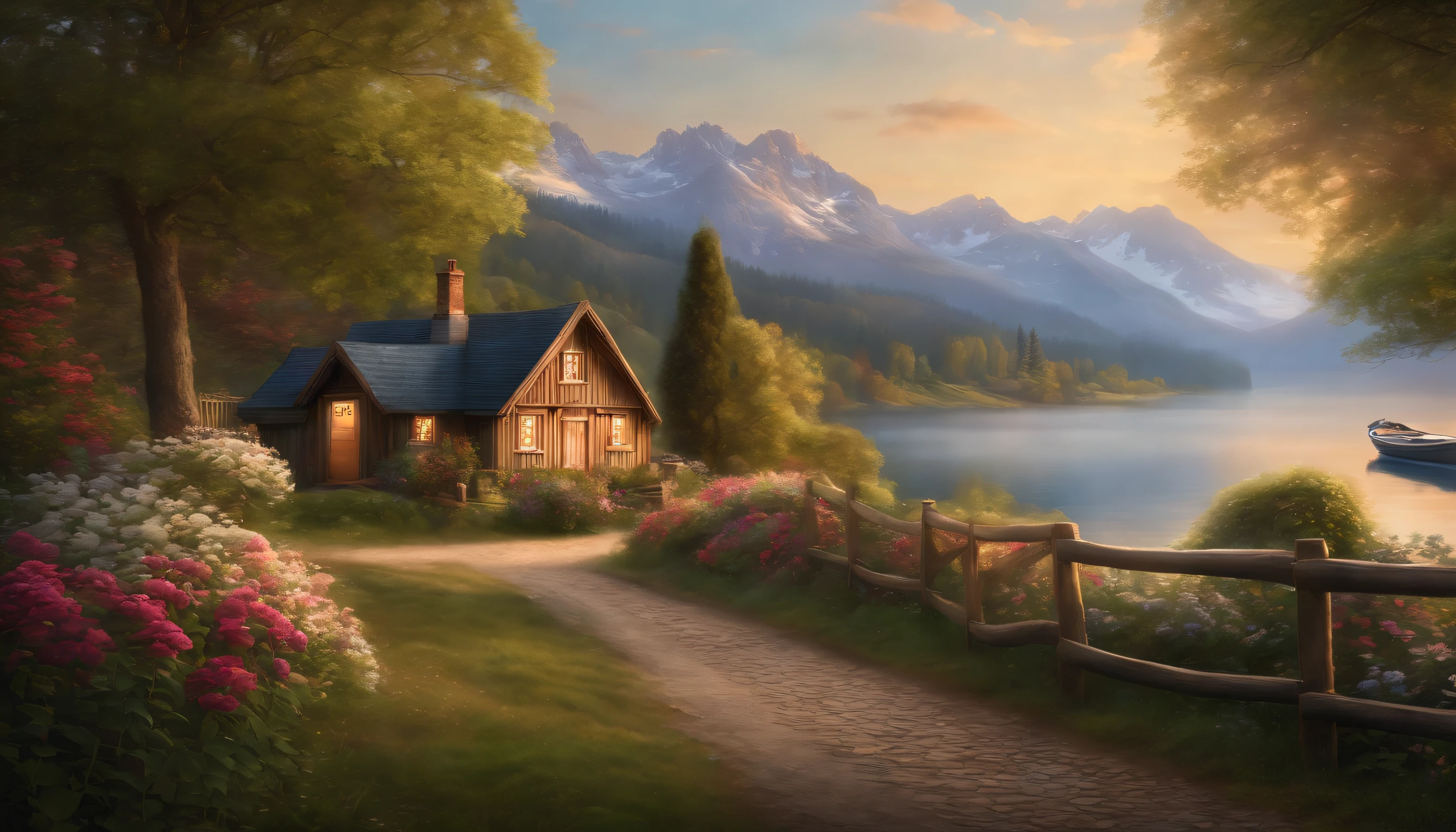 painting of a cottage, flowers beside of fence, fence along the road,  mountain landscape with a lake and a boat, illustration matte painting,  inspired by Thomas Kinkade, symmetric matte painting, detailed scenery , style raw, 8 k ultra detailed