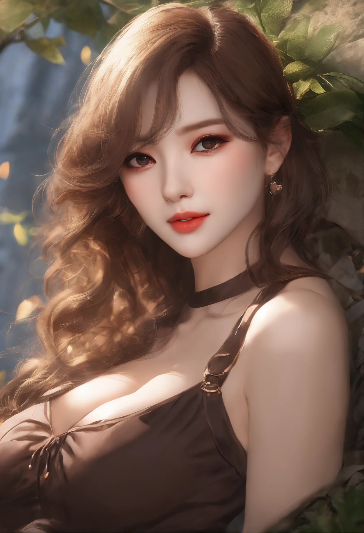 ((top-quality、8K、masterpiece:1.3))、voluptuous woman、1girl in、(Slender figure:1.2)、dark brown hair、hyperdetailed face、Detailed lips、A detailed eye、二重まぶた、(huge-breasted:1.2)、Random T-shirt、Random attire、random place、Specific women、Plain clothe、Dressing、NOWAI、ssmile、