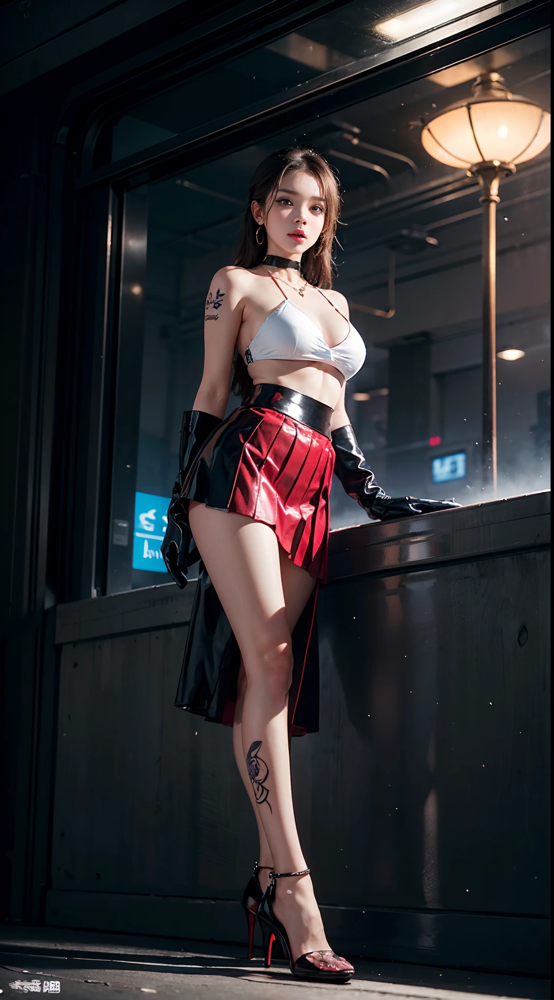 ((masterpiece:1.4)、(top-quality:1.4)、(reallistic:1.7))、masuter piece:1.4、(Top-of-the-line rendering:1.4)、(Female SWAT member of the 73rd Division of the Space Federation:1.4)、Super Beautiful Investigator、Body Fit Sexy Uniform、(Glossy luxury latex:1.4)、(Navy blue sleeveless uniform jacket)、(Underwear White Sexy Super Ultra Bikini)、(Luxury Red Latex:1.4)、(Pleated mini-skirt:1.4)、22year old、(Cute tattoos:1.4)、(Wearing white gloves)、Kawaii Girl、Super beauty、foco nítido、Portrait photos、(Perfect female body:1.4)、perfectly proportions、Upper body photography:1.4、beautiful countenance、Fearless look、beautidful eyes、Narrow waist、beauty legs、(length hair:1.2)、Beautiful udder、large full breasts:1.2、Sexy ass、Raw photo、red-lips、Red high heels:1.4、a choker:1.4、a necklace:1.4、耳Nipple Ring:1.4、1 screen display、Beautiful night view of Cyberpunk City:1.2