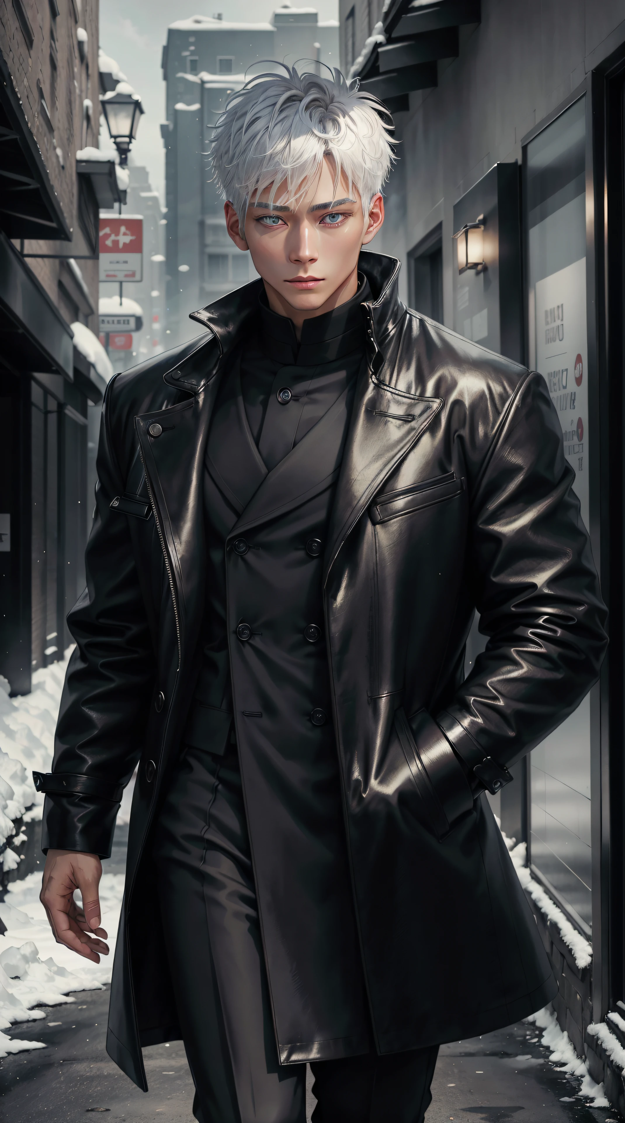 black winter male overcoat black clothing,satoru gojo,white hair,short hair,hair between eyes,blue eyes,colored eyelashses,dark formal suit, black formal outfit, black coat, walking straight,(photorealistic:1.4), (masterpiece, sidelighting, finely detailed beautiful eyes: 1.2),black gloves, full body shot,