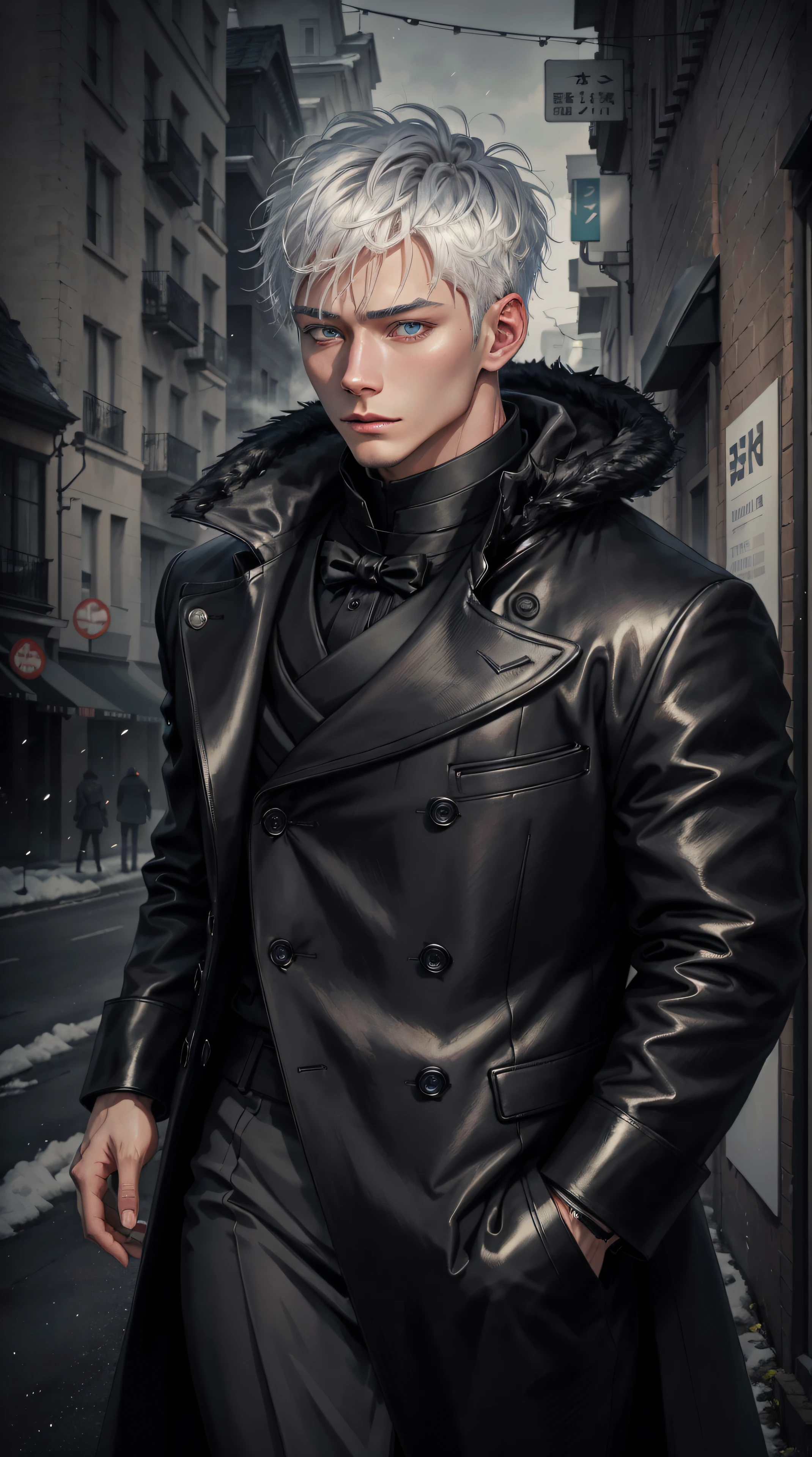 black winter male overcoat black clothing,satoru gojo,white hair,short hair,hair between eyes,blue eyes,colored eyelashses,dark formal suit, black formal outfit, black coat, walking straight,(photorealistic:1.4), (masterpiece, sidelighting, finely detailed beautiful eyes: 1.2),black gloves, full body shot,