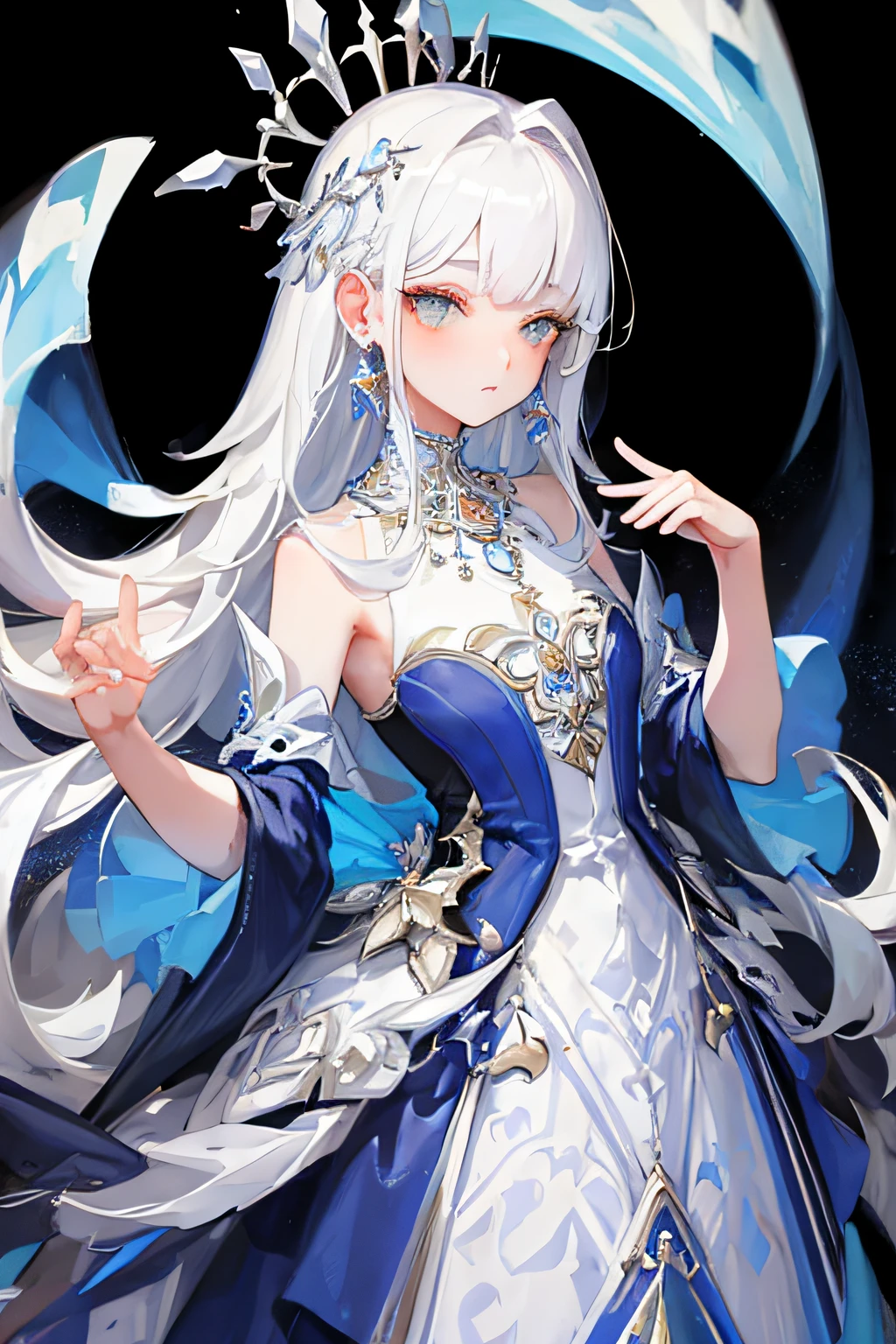 (masterpiece, best quality: 1.4), detailed background, white crystal, crysal cluster,long hair,jewelry, earrings, necklace, crown, bride, white hair, halo,