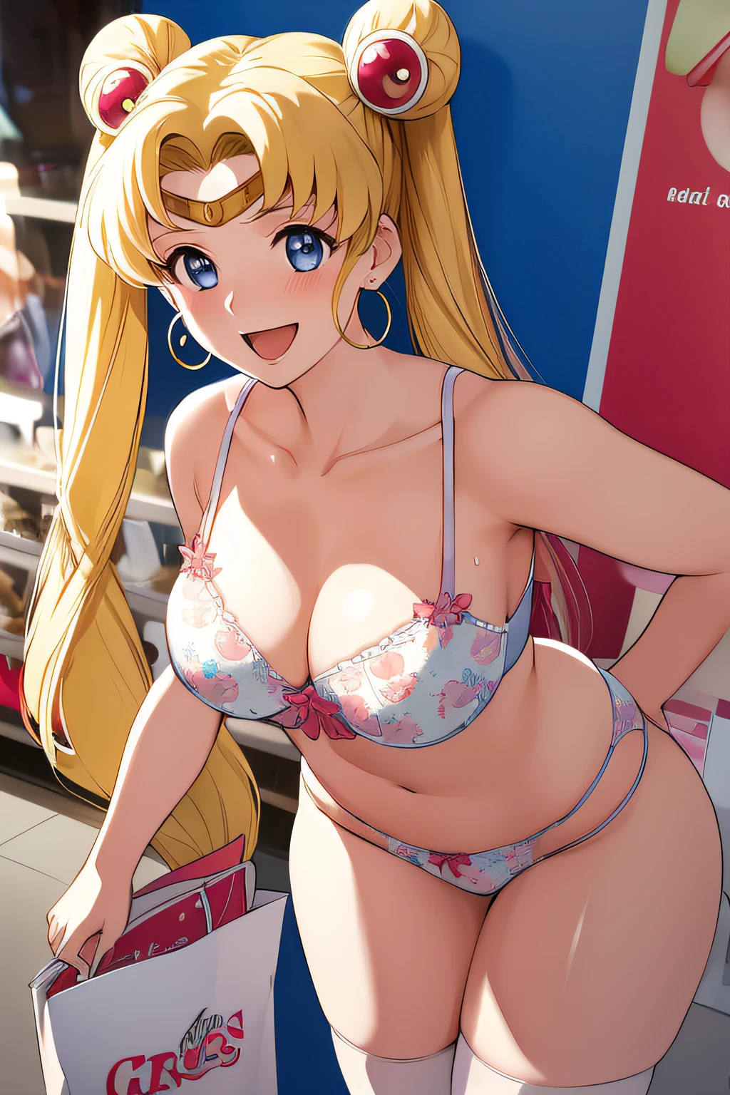 (solo, 1girl), (absurdres, ,highres, official wallpaper, poster), (masterpiece, best quality:1.2), (illustration, realistic), (perfect details, highest detailed, extreme detailed), dramatic light, Tsukino Usagi, (sailor moon, blonde hair, twintails, circlet, jewelry, crescent earrings),((print lingerie), (print bra), (print panties), white thighhighs), (shop, mall, clothes shop, business), (blush, excited, happy, smile, open mouth, shopping bag, waling, sweat), large breasts, blush