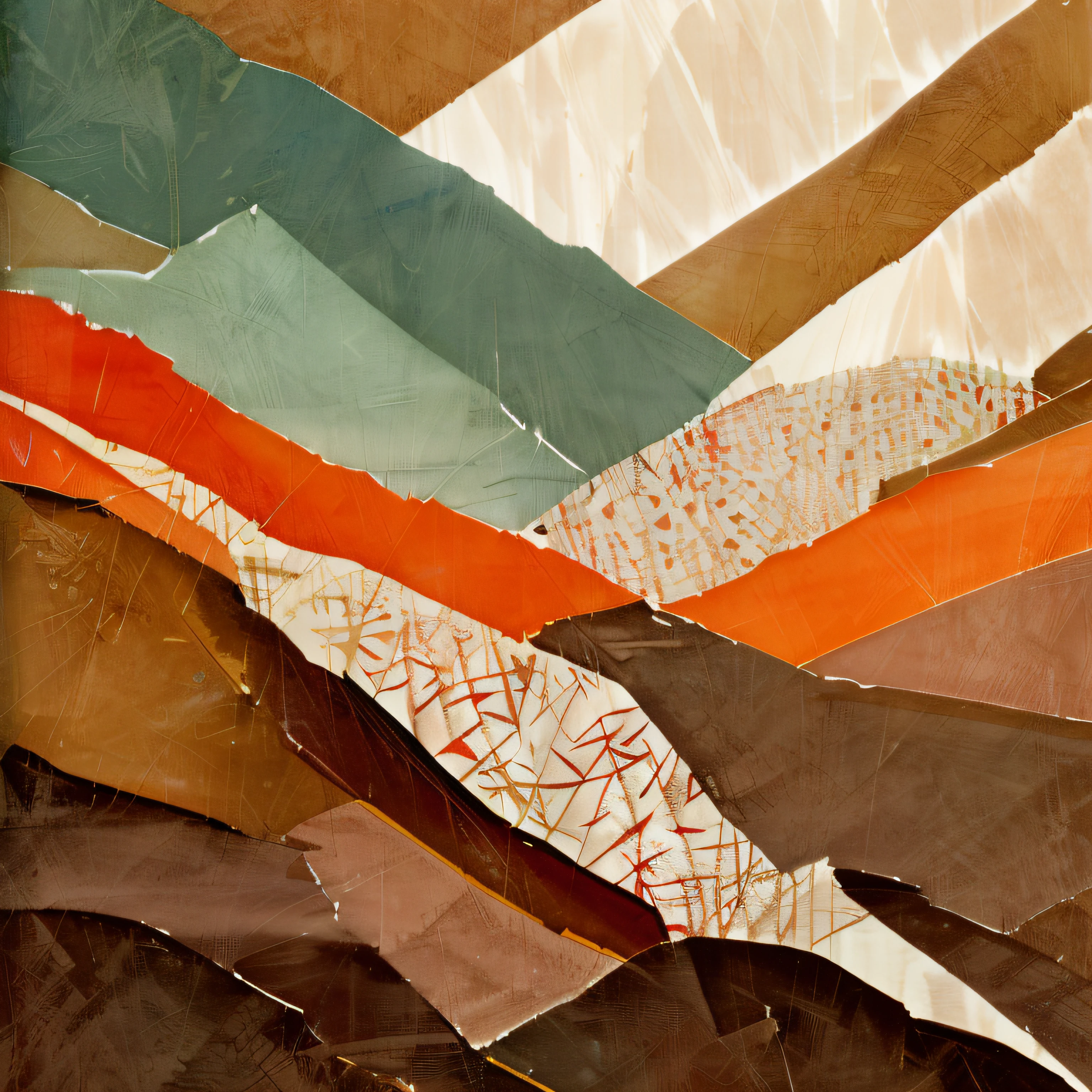 There is a closeup of a piece of paper with a pattern, Cores terrosas, colagem de papel colorido, Cores terrosas, cores do deserto, colagem de papel rasgado, tons terrosos e cores suaves 1976, Paisagem abstrata, desfiladeiro, papel em camadas, paisagem altamente texturizada, cores da terra, colagem de papel recortado, Colagem de Papel, tons terrosos e cores suaves 1981