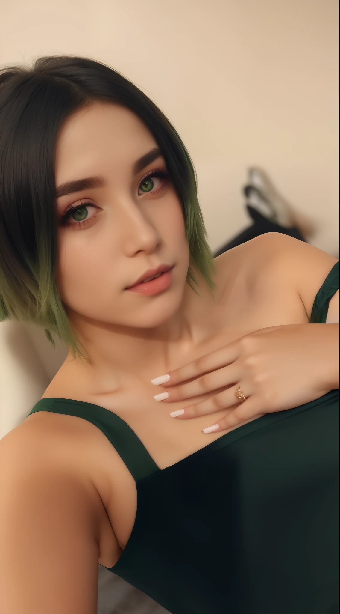 1girl, green hair, red eyes, dress, short hair, (solo:1.3),