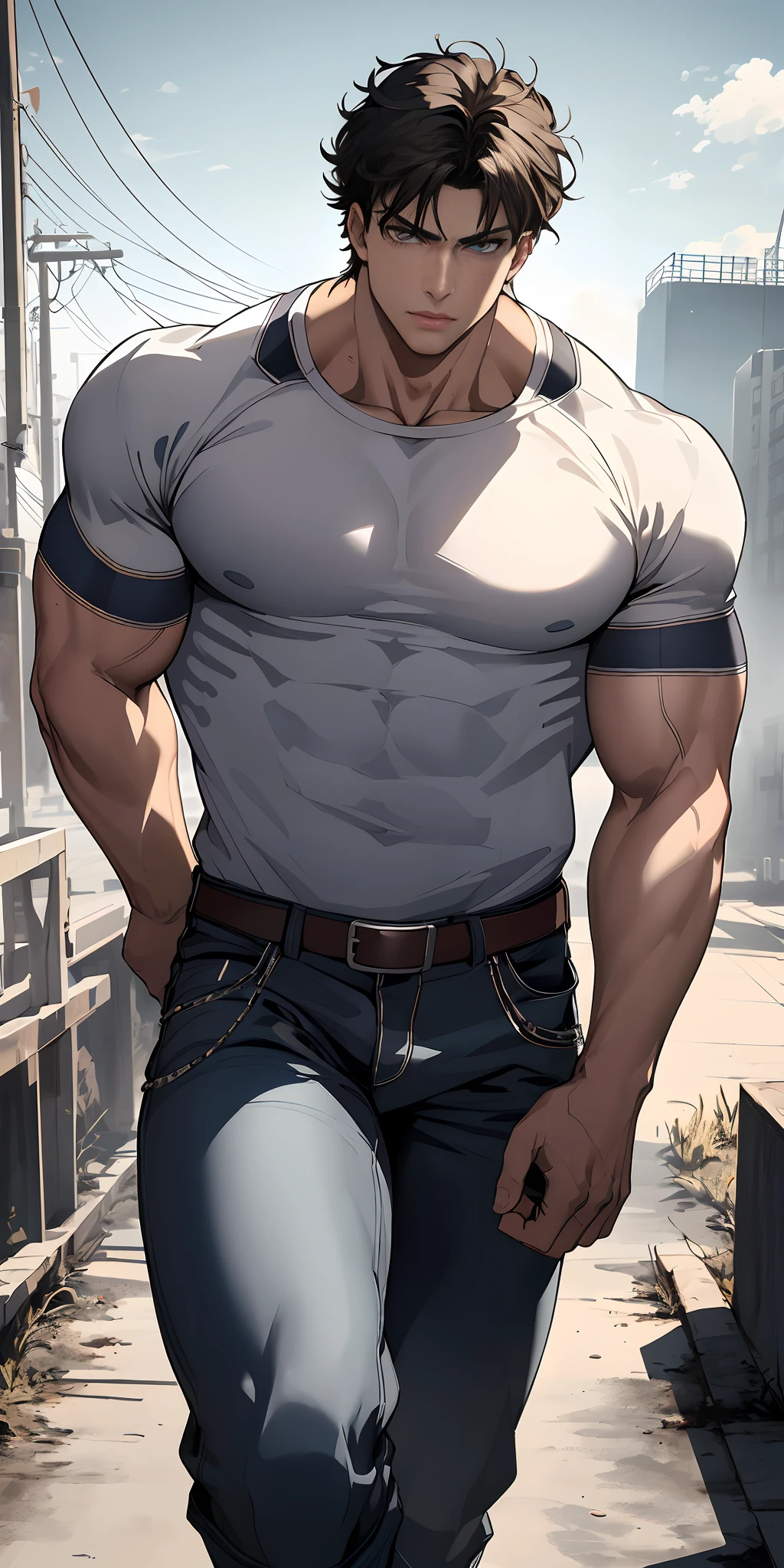 (masterpiece)HD, hdr, (best quality,high quality:1.4), (4k image), expressive eyes, perfect face, 1 man bodybuilder, cowboy shot,Jonathan Joestar Muscular, standing close, wearing white tshirt,