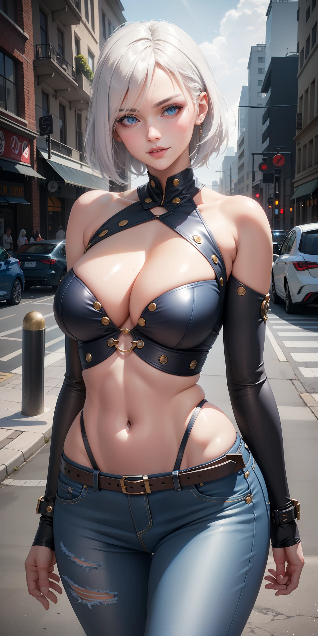 big breasts ((sexy girl)) white hair, straight short hair, blue eyes, light effect in the eyes, detailed iris, extremely sexy body, stylish jeans, Solid Cold Shoulder Cropped Blouse Grommet Eyelets Buckle Detail, sensual neckline ( (masterpiece, hyper detailed, hyper realistic, 16k, cinematic lighting)), perfect and detailed lips, small smile, innocent and sexy face, woman of incomparable beauty, urban street, city, cloudy day