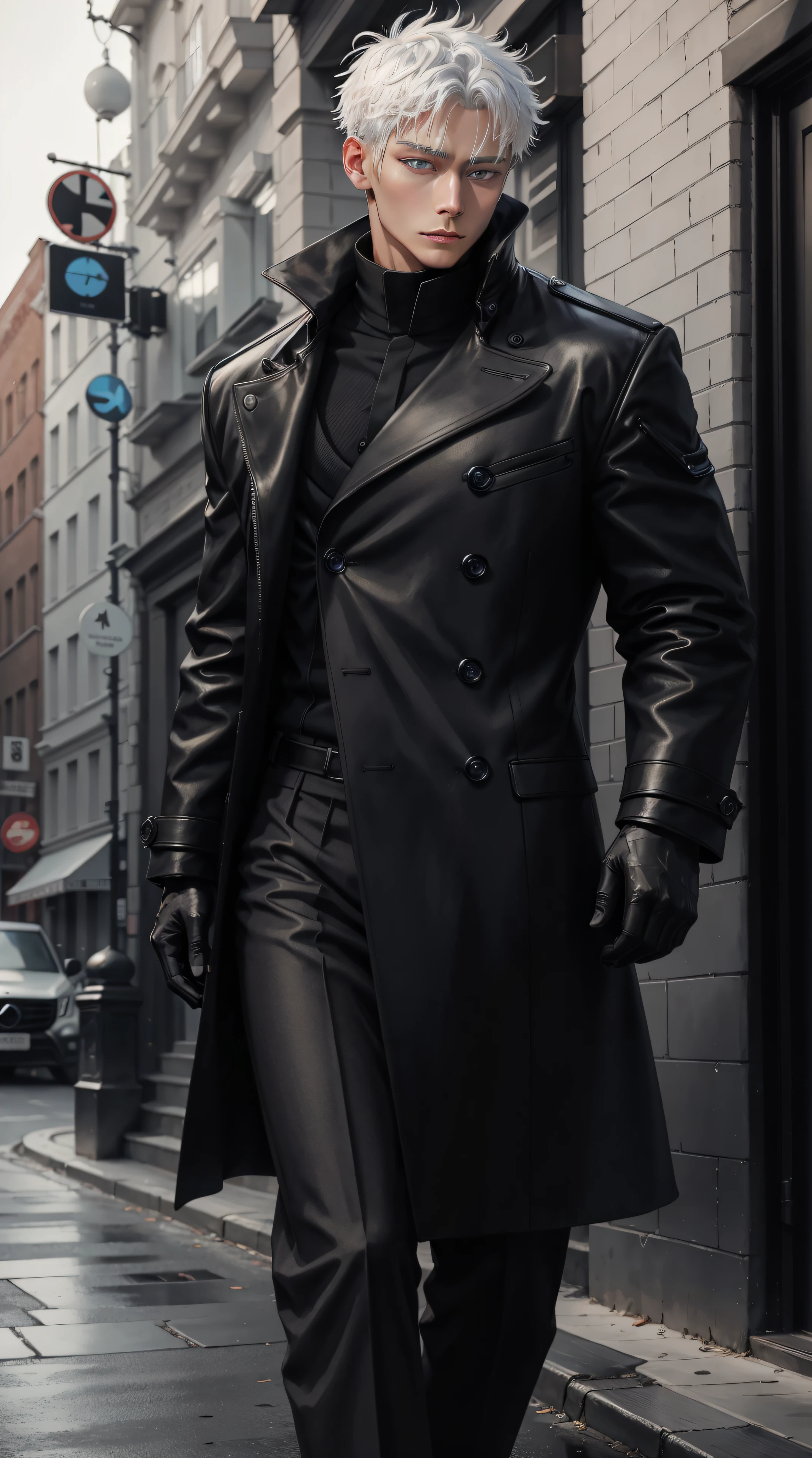 black winter male overcoat black clothing,satoru gojo,white hair,short hair,hair between eyes,blue eyes,colored eyelashses,dark formal suit, black formal outfit, black coat, walking straight,(photorealistic:1.4), (masterpiece, sidelighting, finely detailed beautiful eyes: 1.2),black leather gloves, full body shot, blinfolded, glowing blue eyes, whole black and white picture, only blue eyes, in close front of mercedes benz g class