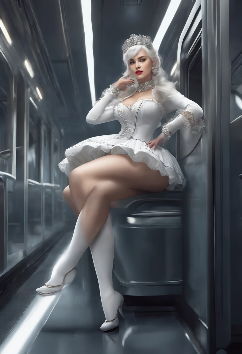 1 woman in a black maid dress with a white skirt, white stockings, and tight corsets, Showcasing huge curves, Iroquois hairstyle, extremely beautiful. Surrounded by elderly gentlemen, who admire her. She playfully begins to show off, Enjoying attention. She is on all fours, facing the viewer, smiling happily, In a futuristic subway location, on the seat of the train. Anime style, tmasterpiece, Highest Resolution, Quality, Detail, Sharp focus, Professional image