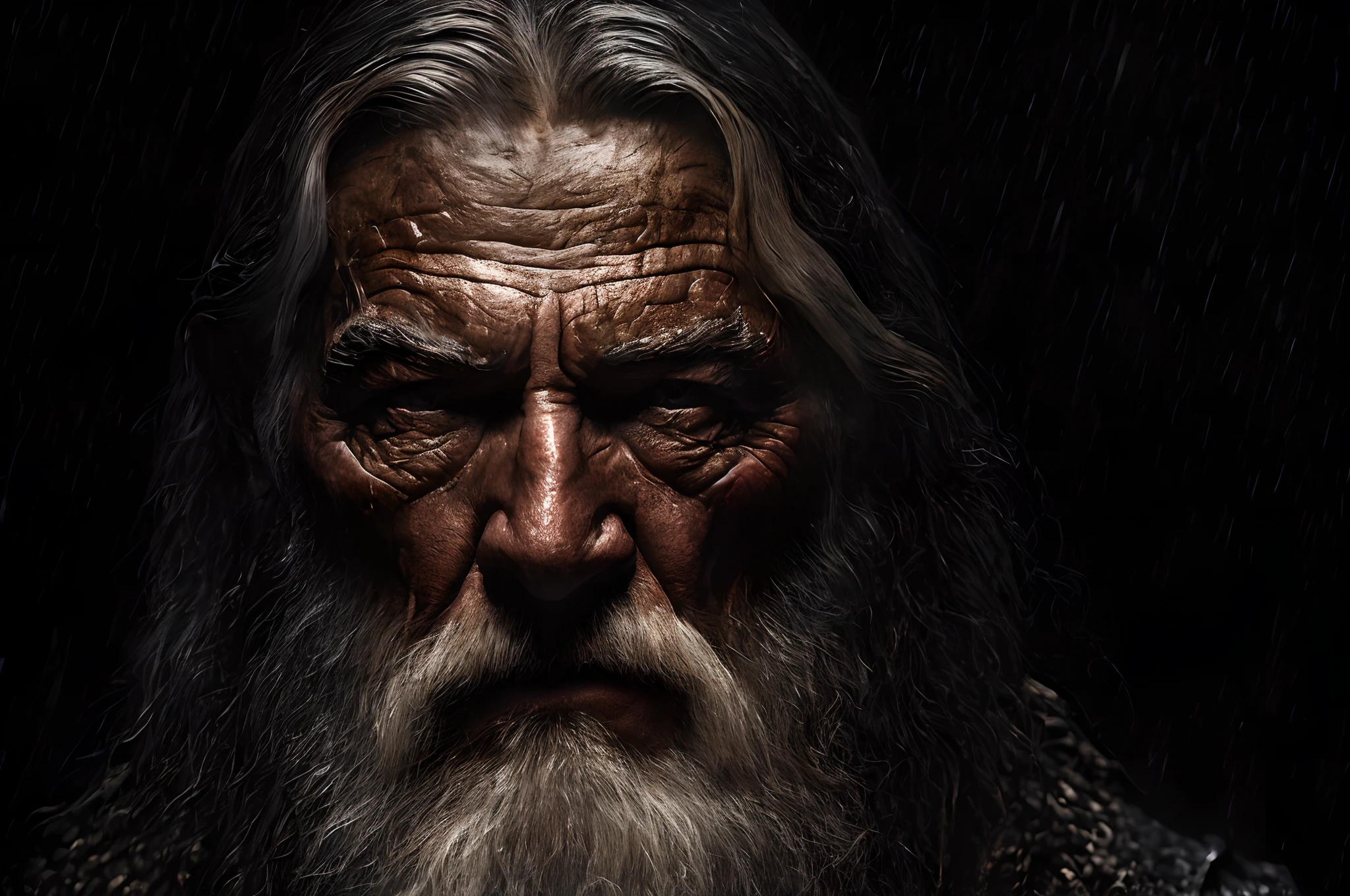 (Cinematic Photo:1.3) from (Ultra detailed:1.3) photo of the world's most beautiful artwork with smooth glossy, ((rugged muscular epic heroic fantasy of Gandalf the Btanco, in a dynamic posture)), chest, full face,(dark background:1.4) (realistic epic, hdr, intricate details, hyperdetailed, cinematic, rim light, muted: 1.5), ((fantastic location, majestic disordered environment)), skin pores, Very dark lighting, heavy shadows, detailed and detailed face, (realistic photo, dramatic, dark, sharp focus, 8k), (damaged old damaged leather dress: 1.5), (intricate: 1.4), decadent, (highly detailed: 1.4), octane rendering, sharp focus, heavy rain, floating particles, (Cinemacolor:1.3)