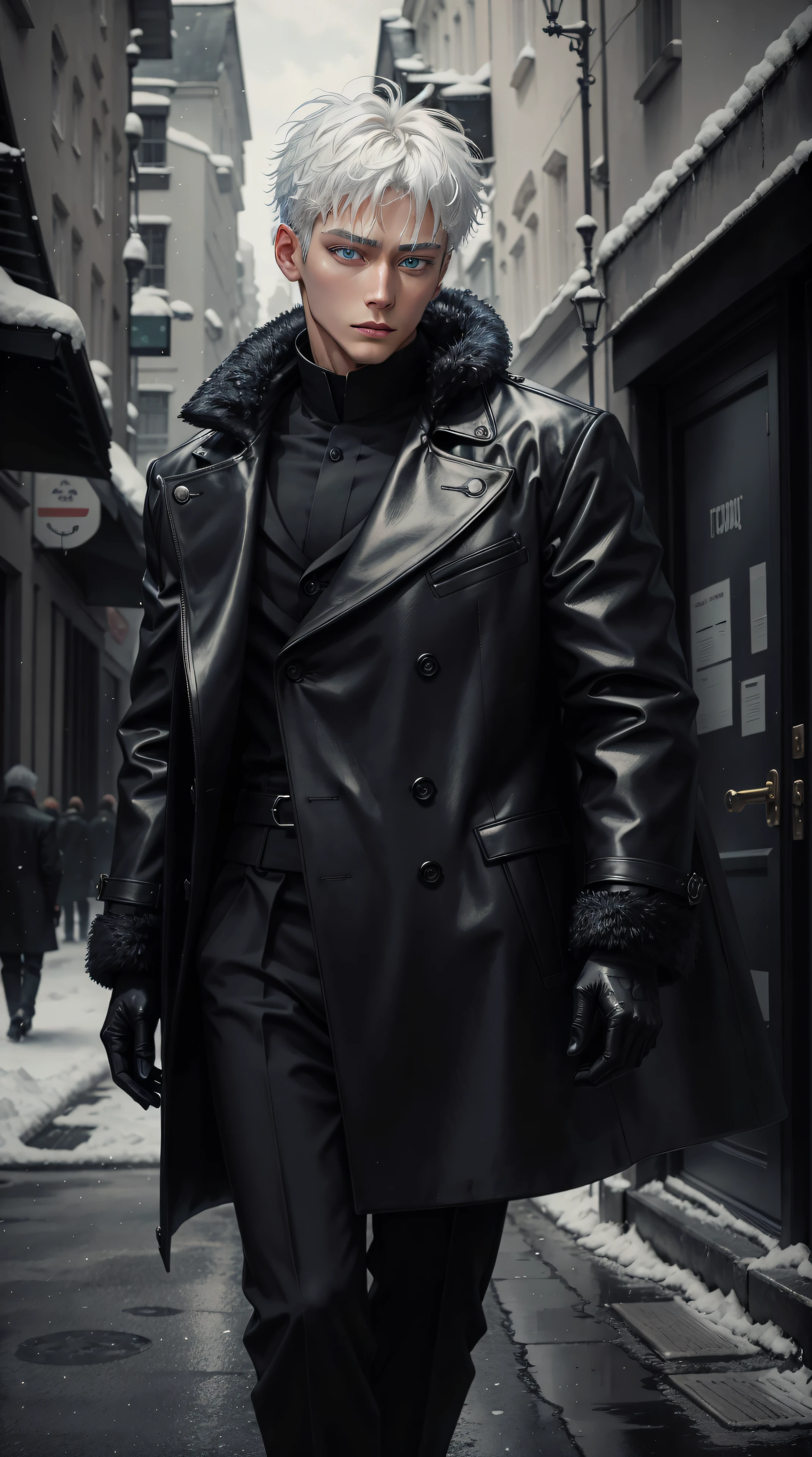 black winter male overcoat black clothing,satoru gojo,white hair,short hair,hair between eyes,blue eyes,colored eyelashses,dark formal suit, black formal outfit, black coat, walking straight,(photorealistic:1.4), (masterpiece, sidelighting, finely detailed beautiful eyes: 1.2),black gloves, full body shot,