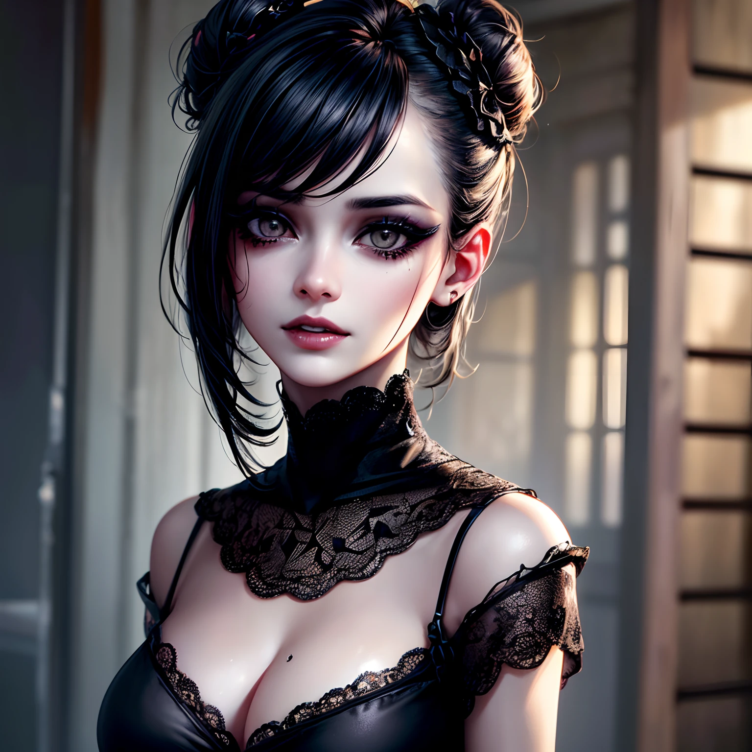 horror,terrifying,woman 1,close-up scene,pale skin,big black eyes,makeup dripping from the eyes,terrifying smile,hair buns,(Black eyeliner )،(Eye Shadow)Black T-shirt blouse, background in an abandoned house,(Highly detailed CG,module,8K wallpapers)،(an extremely delicate and beautiful)،(巨作)،(Top Jude) ،( high-resolution)Beautiful lighting, realistic shade,[high-resolution],Detailed skin,Highly detailed,Detailed faces and eyes,Realistic eyes,Cowboy shot