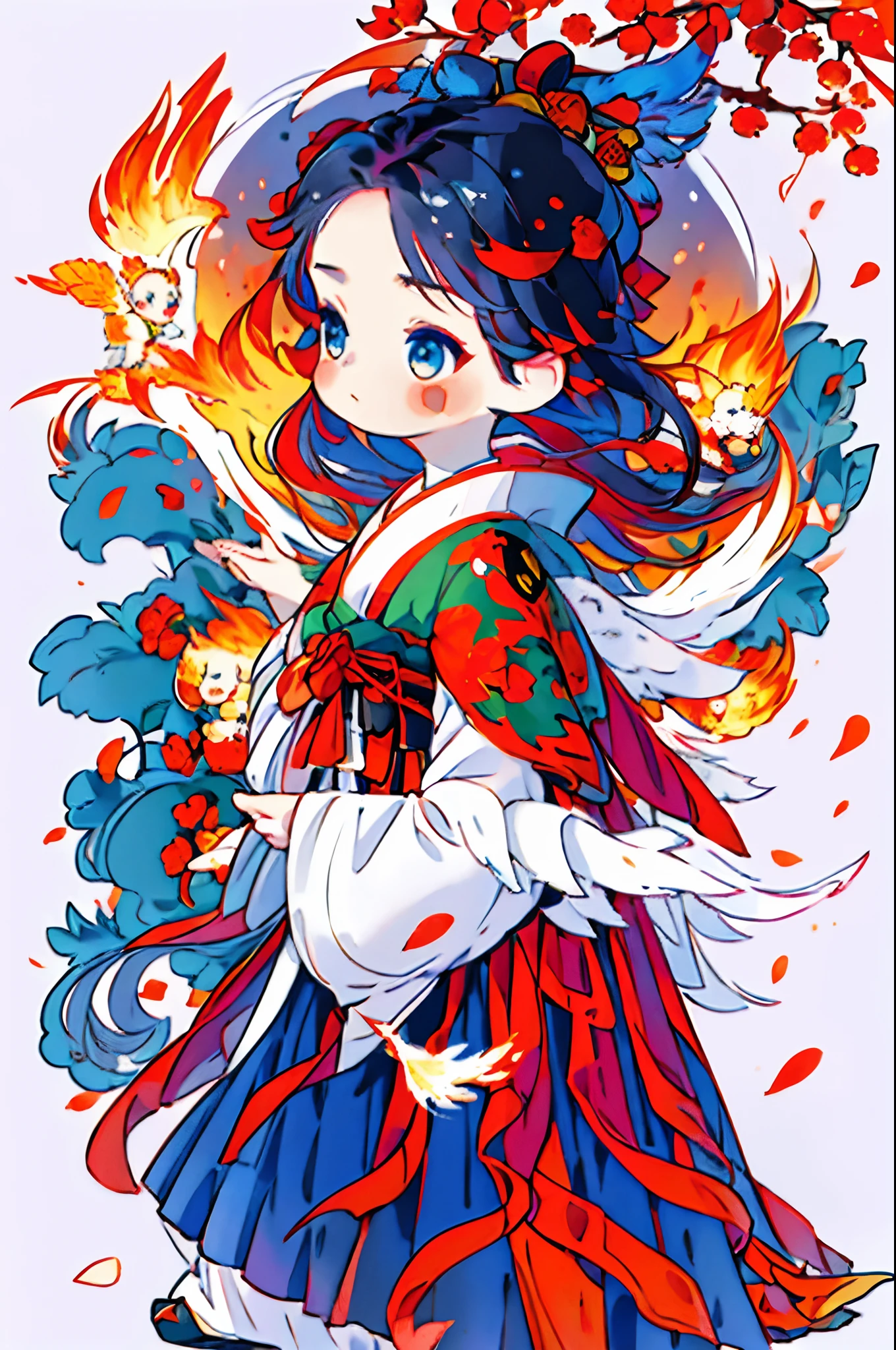 1girl, ((Sticker: 1.5))), ((Chibi character)), (white background), Fluffy, Girl, Kimono, ((phoenix wings)), ((Chibi Chara)), Full Body, Fire Hair, Phoenix, Fantastic, Fire, T-shirt Design, Best Masterpiece, Best Quality, 16k, Surprised Face, ((hands hidden))