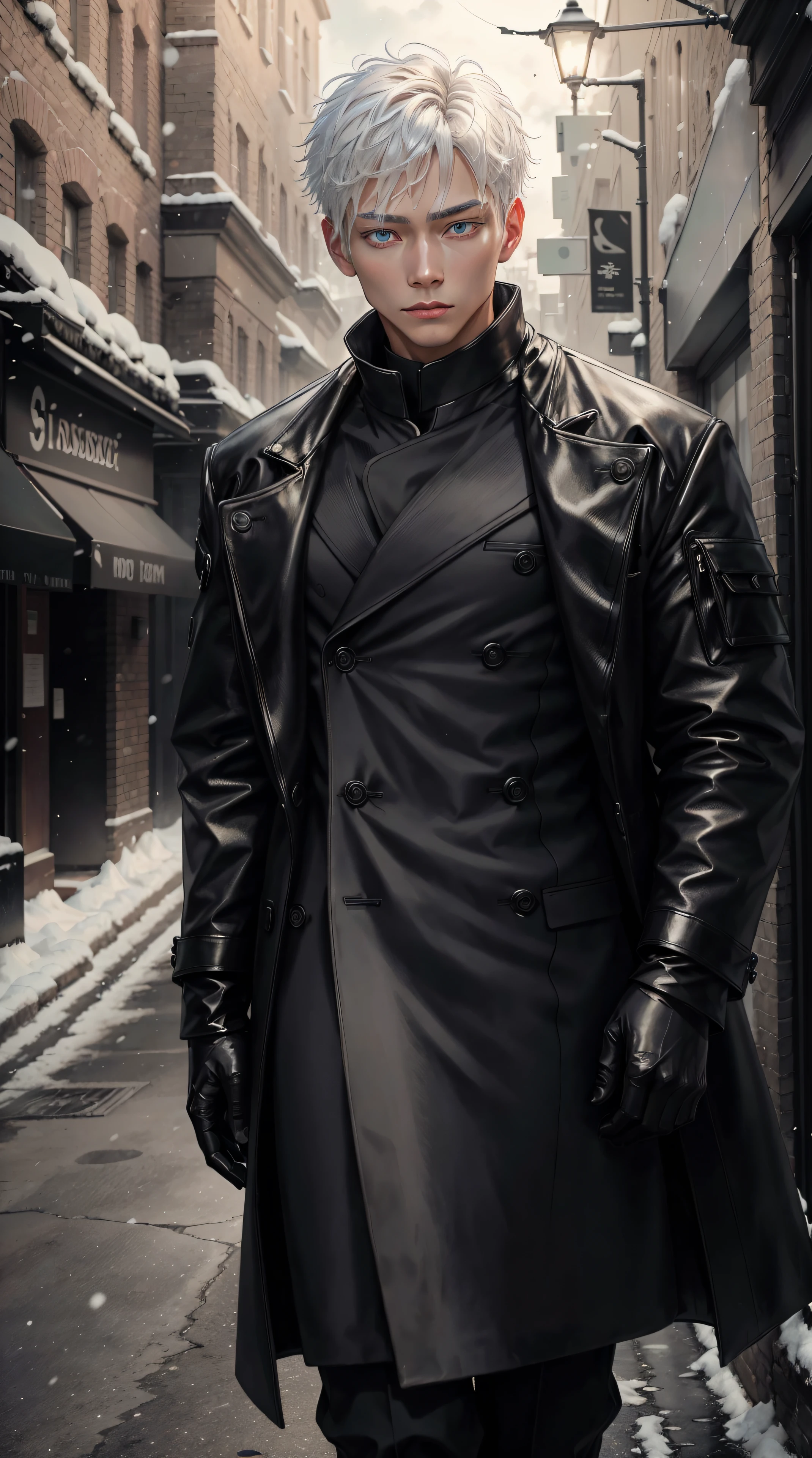 black winter male overcoat black clothing,satoru gojo,white hair,short hair,hair between eyes,blue eyes,colored eyelashses,dark formal suit, black formal outfit, black coat, walking straight,(photorealistic:1.4), (masterpiece, sidelighting, finely detailed beautiful eyes: 1.2),black leather gloves, full body shot, blinfolded,