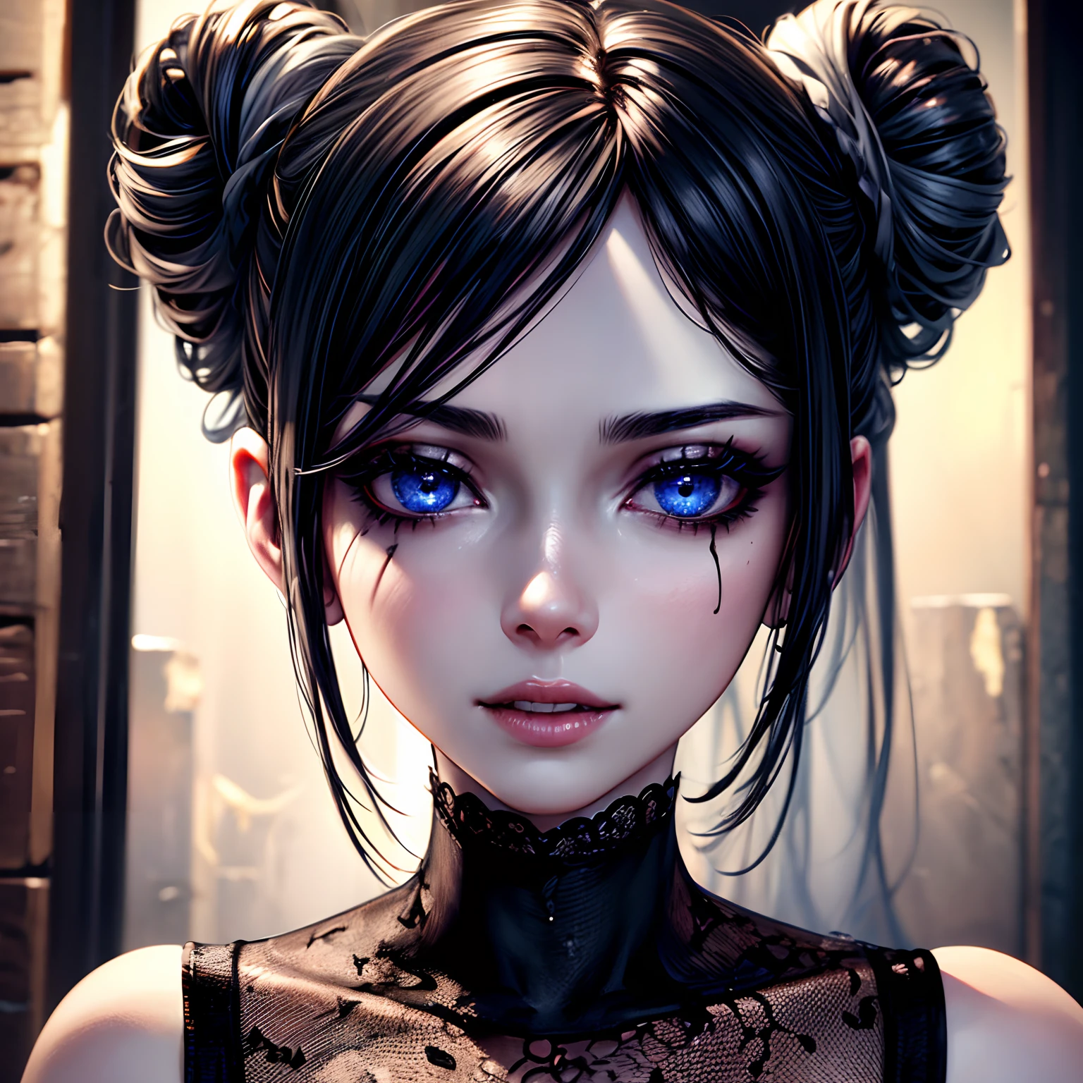 horror,terrifying,woman 1,close-up scene,pale skin,big black eyes,makeup dripping from the eyes,terrifying smile,hair buns,(Black eyeliner )،(Eye Shadow)Black T-shirt blouse, background in an abandoned house,(Highly detailed CG,module,8K wallpapers)،(an extremely delicate and beautiful)،(巨作)،(Top Jude) ،( high-resolution)Beautiful lighting, realistic shade,[high-resolution],Detailed skin,Highly detailed,Detailed faces and eyes,Realistic eyes,Cowboy shot