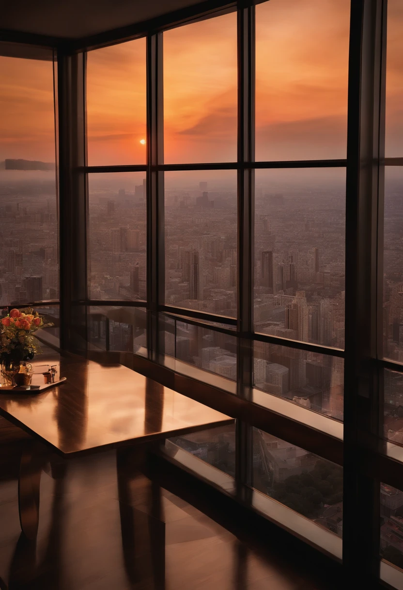 Realistic depiction of a tranquil view of the city from a skyscraper window. The city sprawls below with a mix of architectural styles, parques e estradas. Sunset paints the scene in warm tones, providing a moment of relaxation amidst the hustle and bustle of urban life.