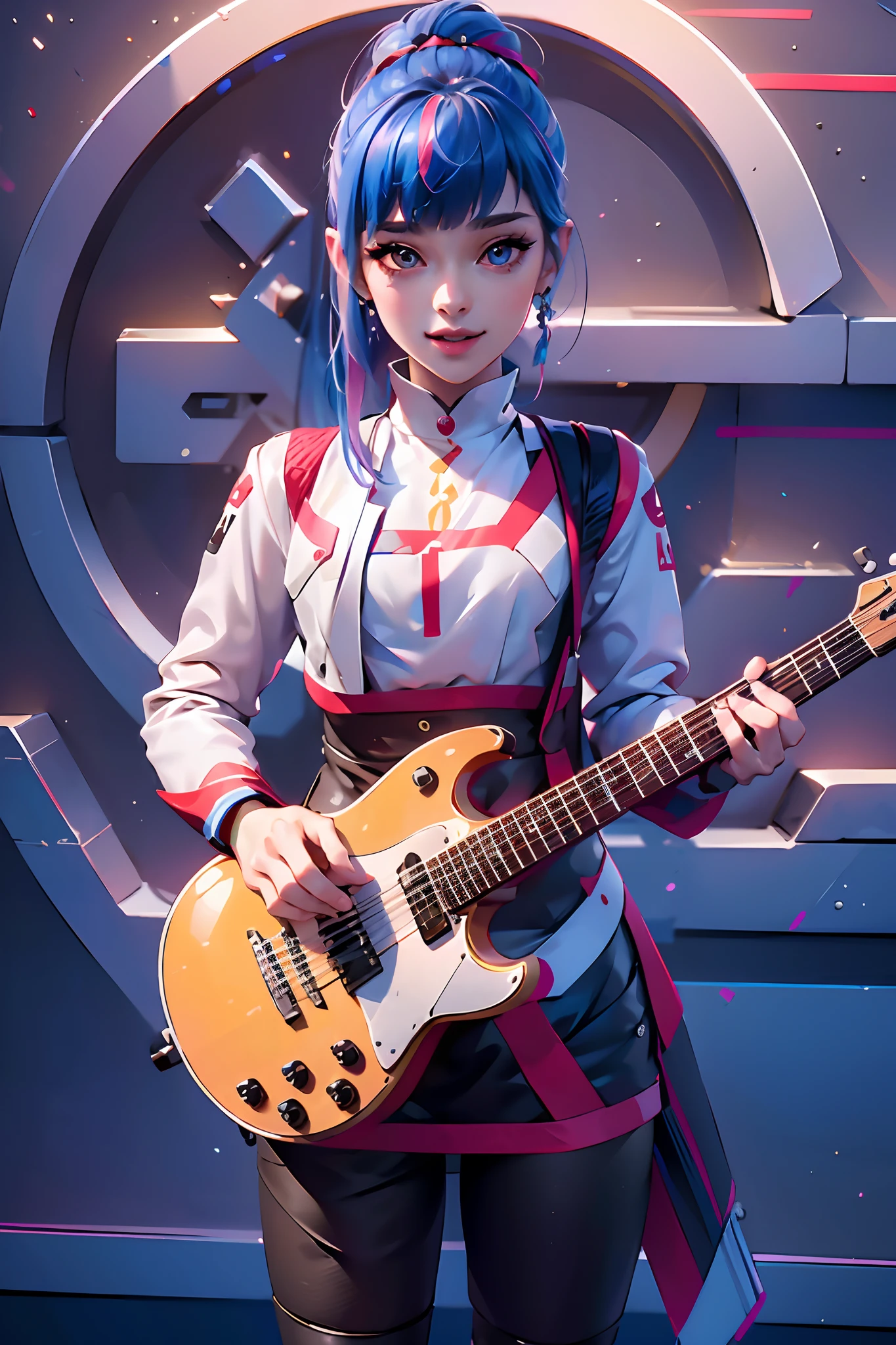 Masterpiece, top quality, 1girl, solo, 8k, high detailed, high resolution, detailed skin and eyes, detailed hair, smile, professional photography, cinematic, keep everything details, action, 16k picture resolution, cute, detailed beautiful face, best quality, hold guitar, fantastical, festival theme, anime style,