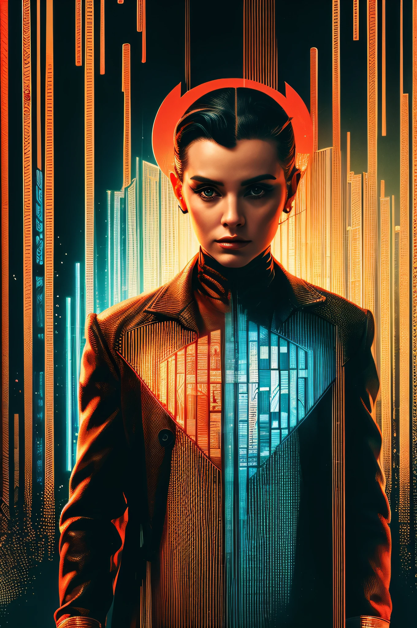 (Masterpiece, Best Quality), 8k Wallpaper, highly detailed, poster, DNA human structure vintage cyberpunk, 1960s, laboratory cybernetic futuristic thriller graphics cinematic movie poster, Bauhaus, shapes, lines, abstract, propaganda, mid century modern, movie poster, vintage,