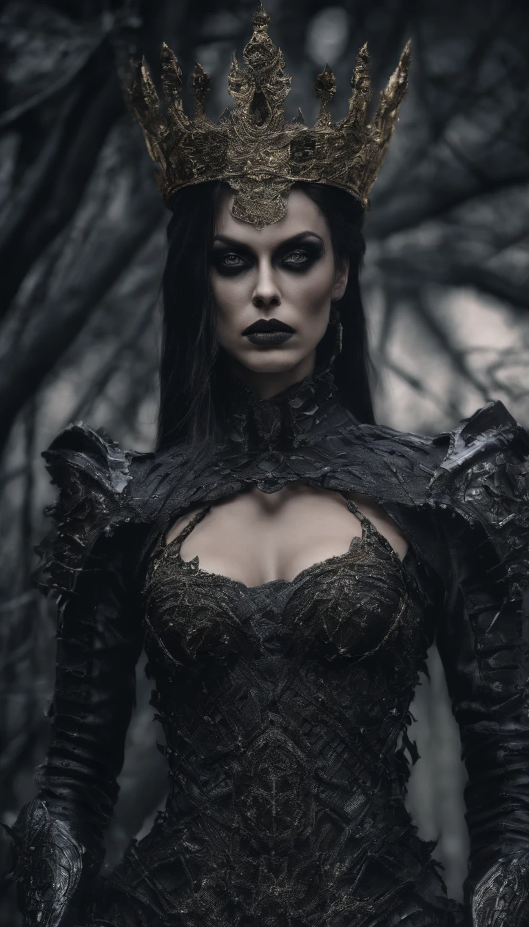 Fantasy (masterpiece:1.2),best quality,expressive eyes,perfect face,elegant pose,skimpy armor,crown,8k,ultra-realistic,dramatic,cinematic, vibrant colors,vivid lighting.